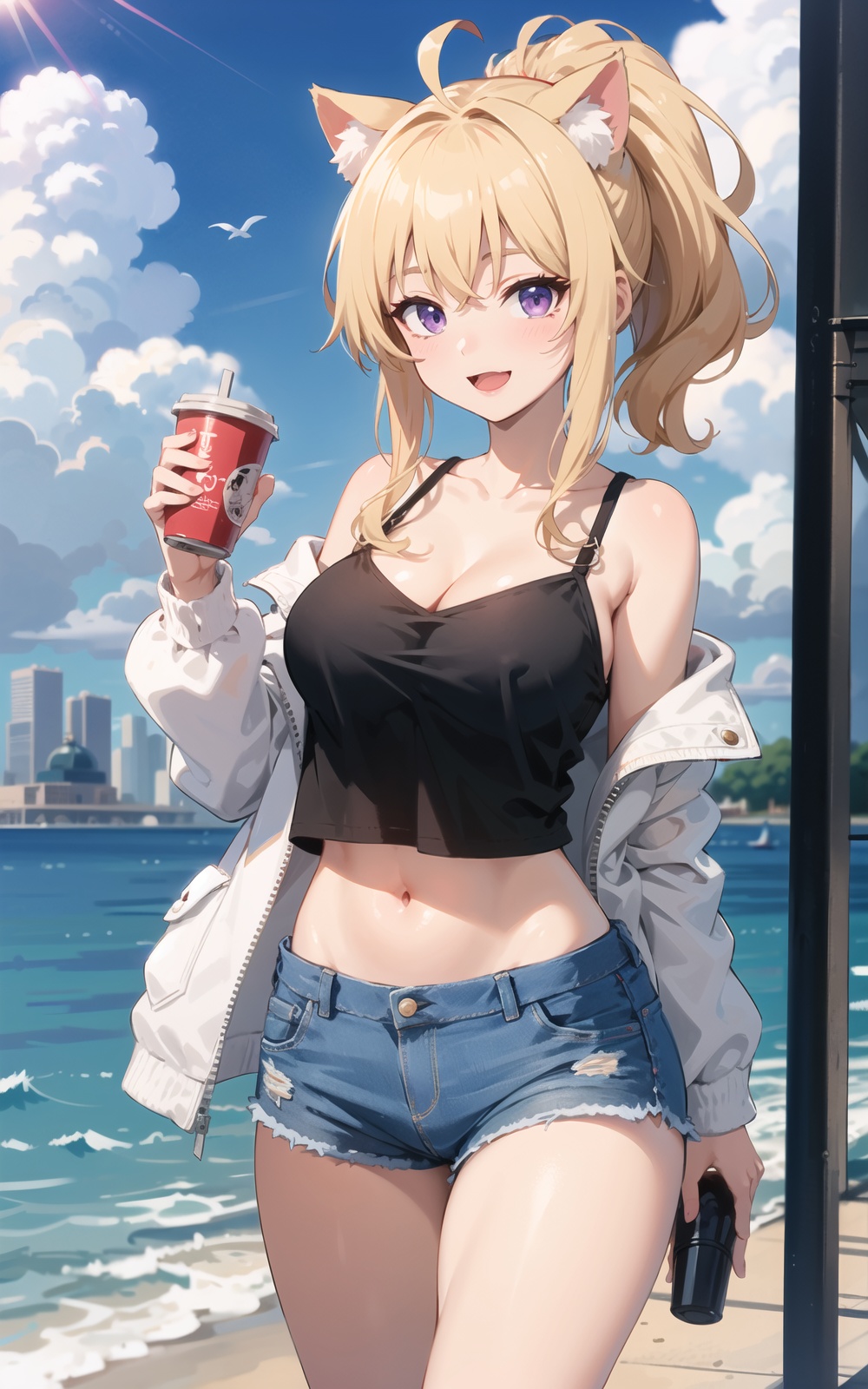 (masterpiece),sharp focus,blurry,blurry_background,1girl,depth_of_field,breasts,ahoge,skirt,one_eye_closed,navel,cleavage,midriff,medium_breasts,bare_shoulders,pleated_skirt,blonde_hair,bangs,animal_ears,breasts,cat_ears,cat_tail,long_hair,tail,shorts,cleavage,bag,purple_eyes,holding,short_shorts,blonde_hair,collarbone,off_shoulder,denim_shorts,jacket,long_sleeves,can,large_breasts,bare_shoulders,****_top,camisole,disposable_cup,smile,thighs,cat_girl,white_jacket,denim,open_mouth,seductive smile,close to viewer,high ponytail,curly hair,very long hair,hair intakes,city,cloudy,over the sea,exposed to the sun,sea,