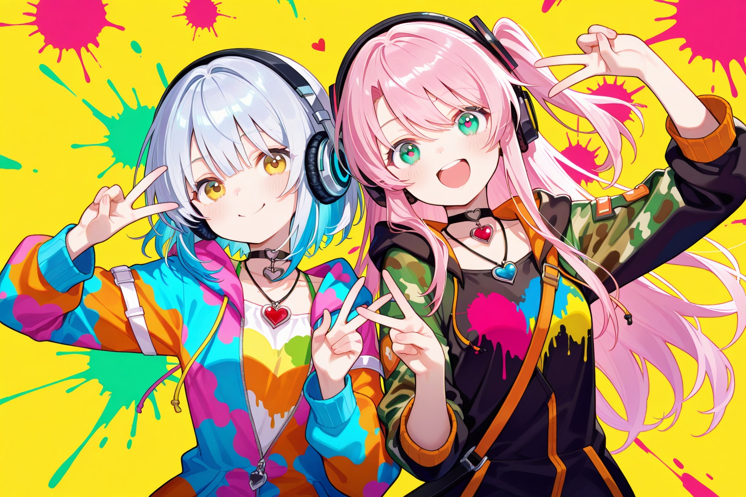 The image depicts three animated characters in a vibrant,colorful setting. They are wearing matching camouflage-themed bikinis and are positioned closely together,each making peace signs with their hands. The character on the left has long pink hair and is wearing a choker with a heart-shaped pendant. The character in the middle has short dark blue hair and is wearing a choker with a small heart-shaped pendant. The character on the right has short silver hair and is wearing a choker with a heart-shaped pendant and a pair of headphones. The background features a variety of bright colors,including green and orange,and appears to be a lively,artistic environment,possibly a studio or a creative space. There are also some paint-splattered surfaces and a spray can visible on the right side of the image.,