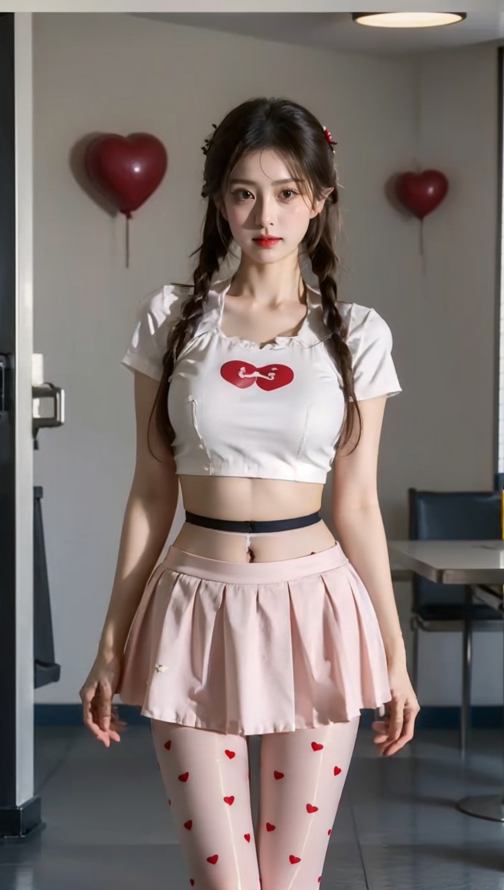((masterpiece)),best quality,perfect anatomy,8K wallpaper,mWaistSilk,heart dot pantyhose,crop top,heart dot mWaistSilk,1girl,twintails,maid outfit,cowboy_shot,cafeteria,<lora:mWaistStockings:0.8>,