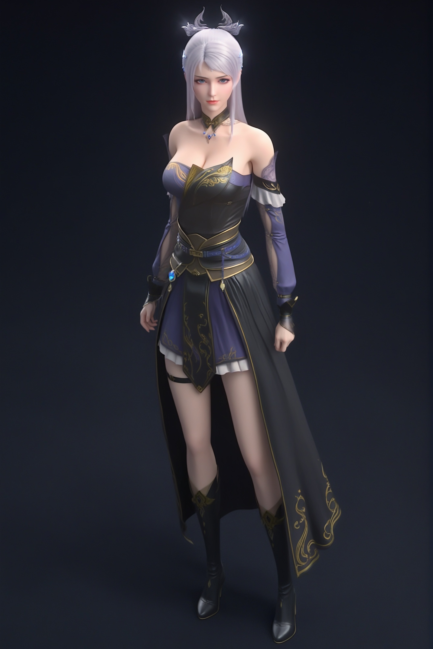 (score_9),solo,1girl,<lora:洛璃-A-pony-000008:0.85>,long hair,white hair,hair ornament,blue eyes,detached collar,bare shoulders,necklace,jewelry,gem,dress,detached sleeves,belt,pelvic curtain,thighs,boots,thigh strap,knee boots,collarbone,looking at viewer,light blush,cleavage,large breasts,front view,standing,full body, BREAKsimple background,black background,