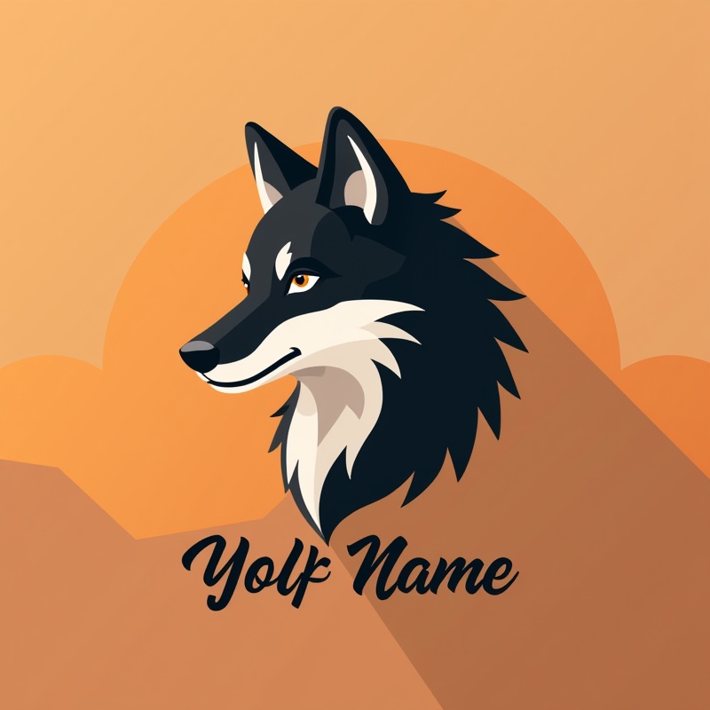 Black and white logo,Wolf,below cursive font "Your name",minimalist style,clean lines,geometric shapes,black,white,orange,gradient orange and brown background,natural light from top left,soft shadows