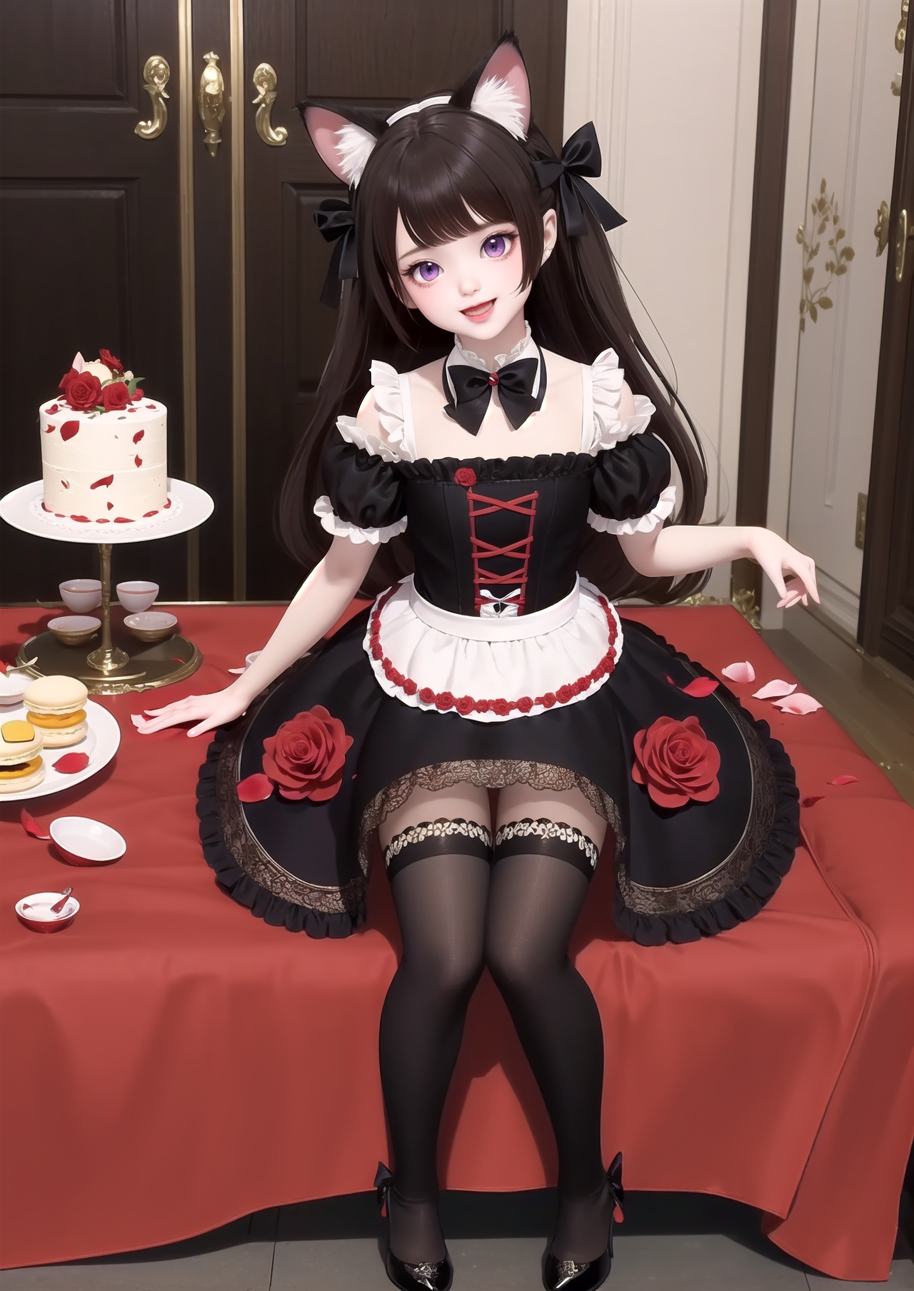 masterpiece,best quality,1girl,purple eyes,animal ears,solo,rose,shoes,black footwear,dress,flower,cup,food,smile,stuffed toy,cake,puffy sleeves,long hair,thighhighs,teacup,stuffed animal,red flower,red rose,short sleeves,brown hair,two side up,black dress,puffy short sleeves,petals,cake slice,:d,animal ear fluff,looking at viewer,no shoes,detached sleeves,frills,macaron,frilled dress,teddy bear,black thighhighs,very long hair,bow,tiered tray,plate,single shoe,minigirl,sitting,mini person,hair ornament,holding,cat ears,hair bow,table,fang,pantyhose,rose petals,full body,open mouth,