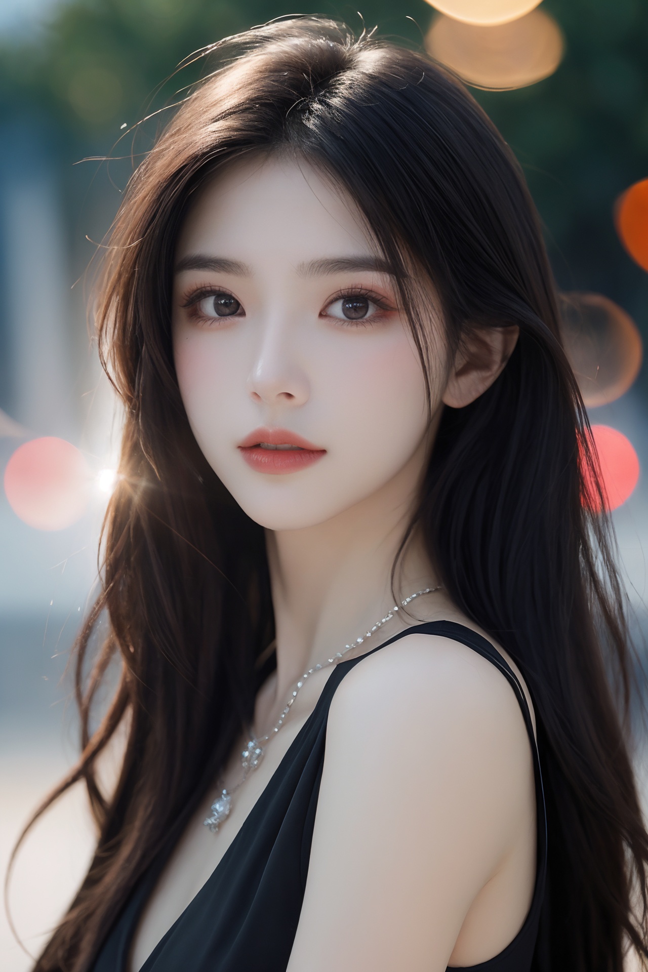 1girl, black hair, blurry, blurry background, bokeh, depth of field, jewelry, lens flare, lips, long hair, looking at viewer, necklace, outdoors, sleeveless, solo <lora:美女:0.8>