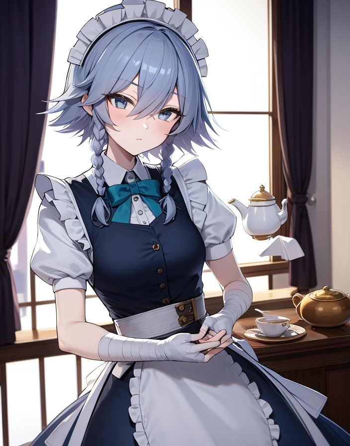 1girl, knife, izayoi sakuya, teacup, teapot, solo, cup, gloves, fingerless gloves, maid headdress, blue eyes, apron, holding, braid, twin braids, short sleeves, black gloves, holding knife, looking at viewer, maid, frills, indoors, grey hair, puffy sleeves, skirt, tea, waist apron, white apron, bow, weapon, hair between eyes, spilling, puffy short sleeves, saucer, shirt, corset, window, bandages, short hair, white shirt, ribbon