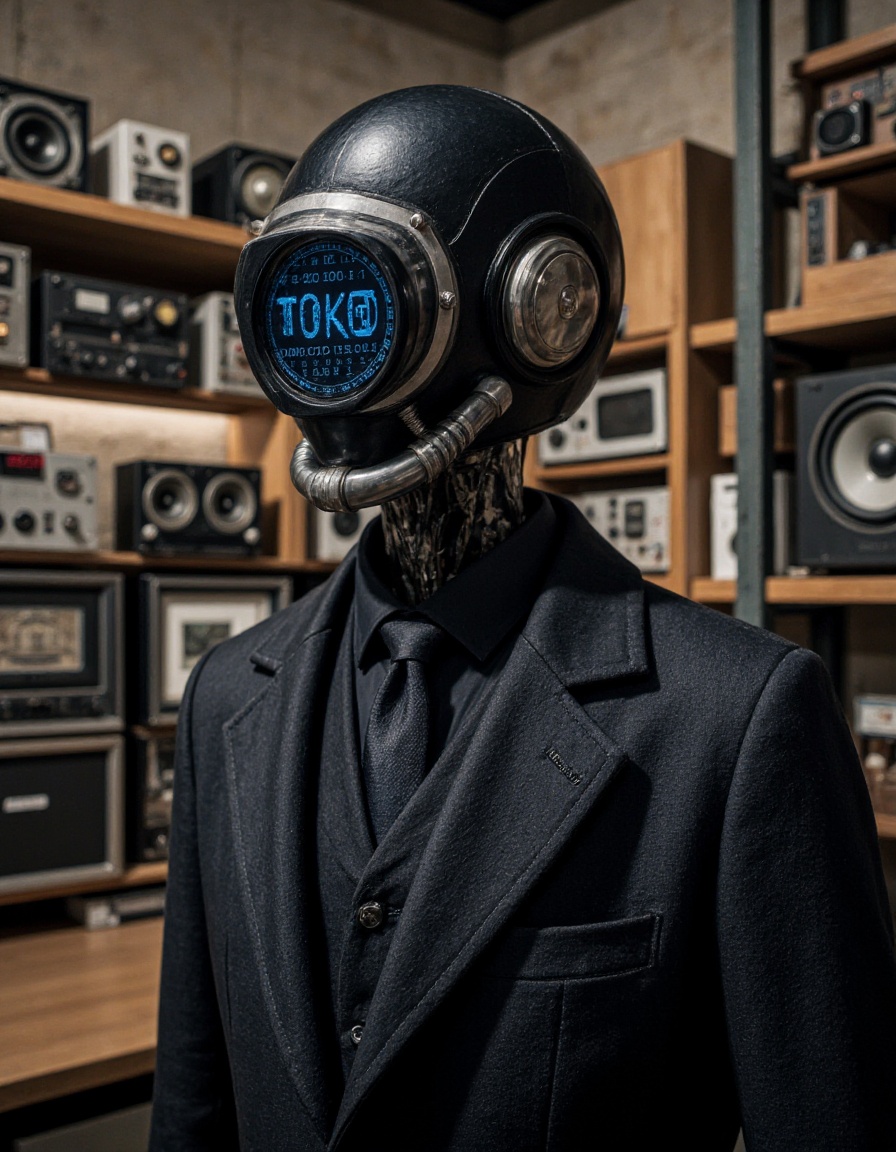 YFG-SpyWorld50s, where the visual elements are fragmented and intertwined, black head and is adorned with goggles that are part of the helmet-like visor. It also wears a dark coat with lapels and what appears to be a tie or ribbon around its neck. The mannequin's pose is neutral with no visible movement.  The background is industrial, which appears to have multiple layers of binary digits surrounding it. Overlaid on this central circle are several runic symbols, open shelving unit filled with various objects. The objects include vintage and modern electronics such as speakers, indicating it may be nighttime or that there's a large amount of artificial lighting that gives the scene a nocturnal feel. There are no visible texts on the image., with attention to detail in the robot's design and the background's gritty aesthetic., with a large metallic tube that houses the lens, with some areas having a more vivid hue while others appear to be more subdued. There's a stark contrast between the darker background and the lighter elements, and stubble.  The robot is dressed in a formal suit