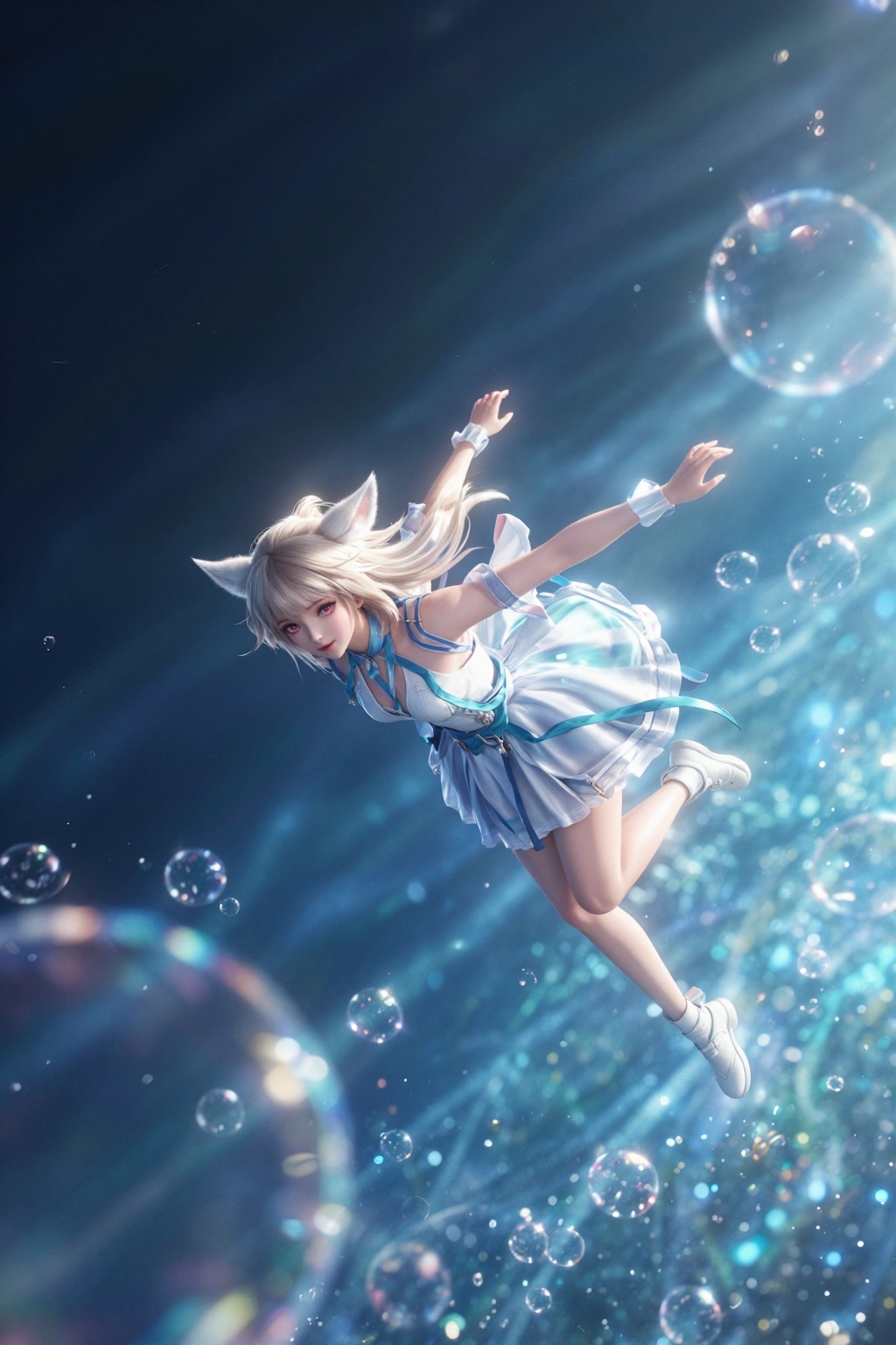 YY Anime style,CG,1girl, sora \(arknights\), arknights, Dramatic lighting, caustics, cinematic lighting, crisp edges, Butterflyfish, motion lines, sports posture, dynamic shots, dynamic composition, dynamic pose, dynamic angle, underwater, outdoors, blurry, pink eyes, short twintails, fish, medium hair, depth of field, solo focus, white footwear, bokeh, blue theme, blurry foreground, from above, bubble, watercraft, twintails, long sleeves, looking up, dress, surreal, animal ears, blonde hair, boat, air bubble