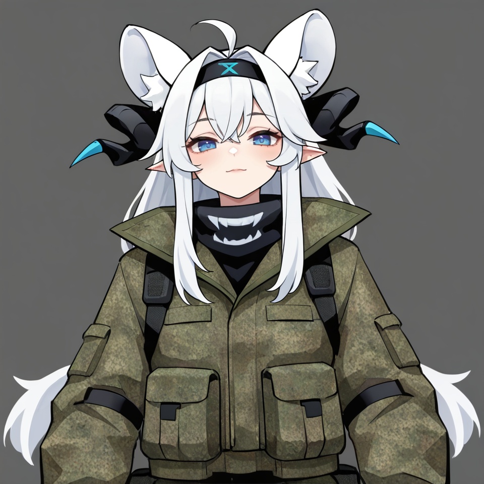masterpiece, best quality,grey background,looking at viewer,SOLO,simple background,     dajiaoshu_style,shuangweihuixing,rat ears,horns,blue eyes,animal ears,closed mouth,ahoge,white hair,2 tails,animal ear fluff,demon tail,demon horns,long hair,gloves,jacket,hairband,black gloves,virtual youtuber,camouflage,camouflage jacket<lora:双尾彗星-1.0-ill2pro-e:0.8>