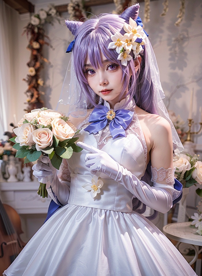 aiwest,1girl,purple hair,dress,keqing \(genshin impact\),cone hair bun,flower,instrument,solo,purple eyes,white dress,wedding dress,hair bun,hair ornament,veil,gloves,elbow gloves,bouquet,white flower,bride,bridal veil,bare shoulders,twintails,long hair,double bun,hair flower,<lora:aiwest_20231231155804:0.8>,