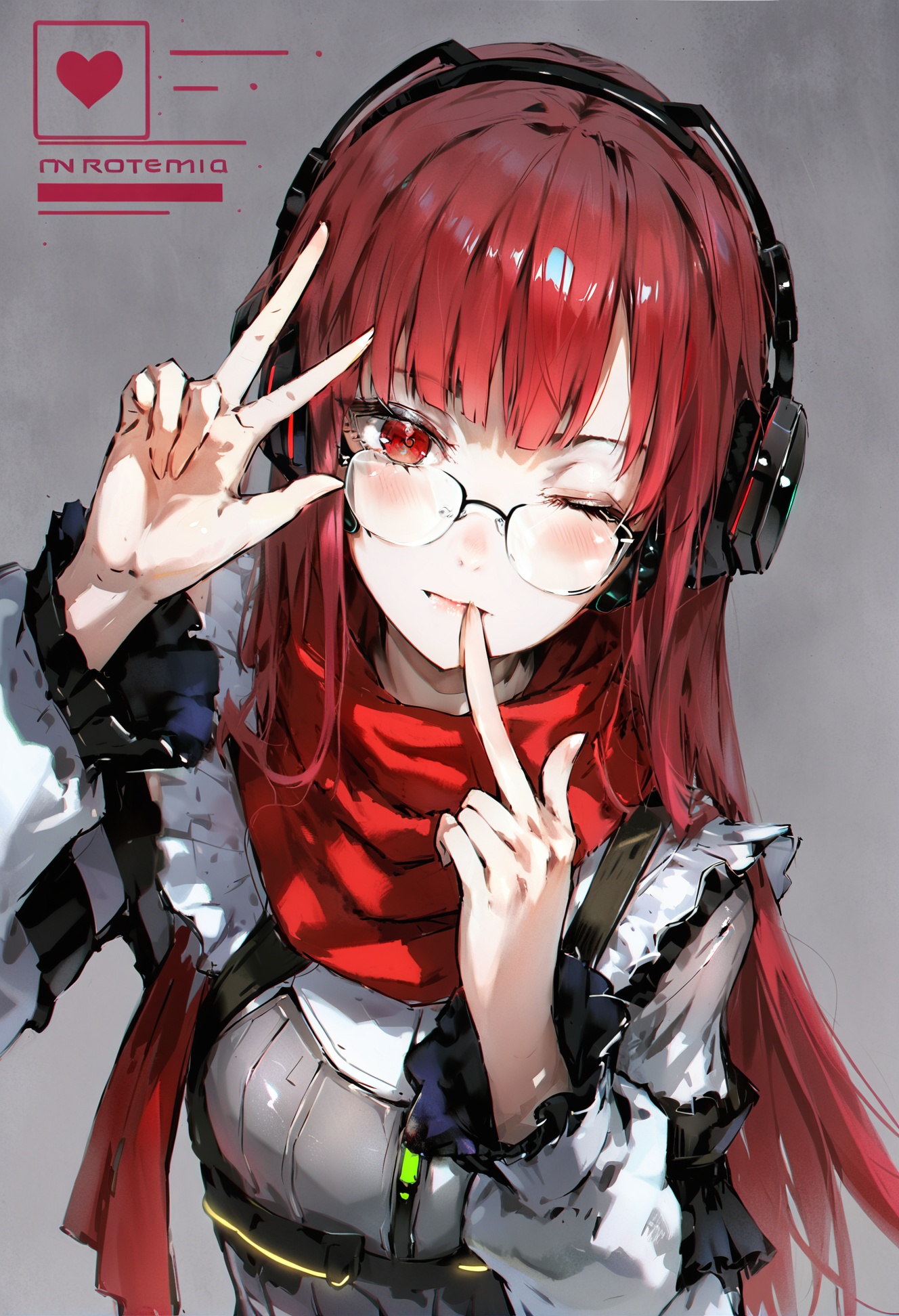masterpiece, best quality, masterpiece, best quality,1girl,   red scarf, red hair, red eyes, 1011ta dress, cyberpunk, portrait, artificial eye, finger in own mouth, straight-on, glasses, heart, one-eyed, scarf, v, blush, drill hair, science fiction, one eye closed, head tilt, solo, hand up, looking at viewer, grey background, long hair, headset, dress, mechanical eye, fake cover, open hand, official alternate costume, cover, 1011ta fashion, eyepatch, grey dress <lora:DInoballXLlokr8f-000185:0.95>