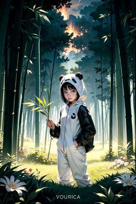 1girl,  a beautiful bamboo forest fire with golden clouds and flowers. Volumetric light,  moody colors on Tensor.Art