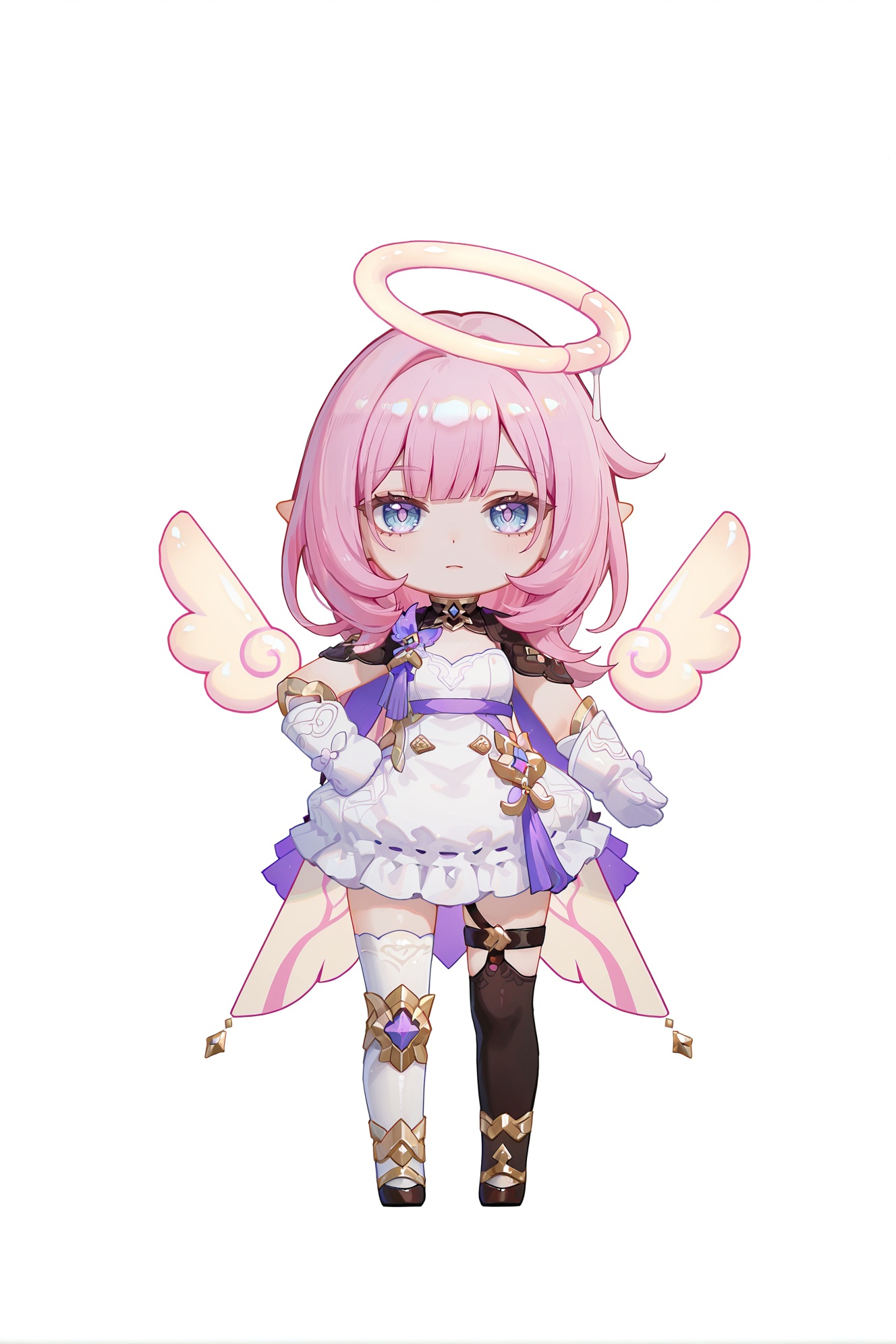 8k,best quality,masterpiece,(ultra-detailed),(high detailed skin),(chibi:1.2),((artist:reoen),(artist:fuzichoco),(artist:atdan),(artist:torino_aqua),year 2024:0.8)1girl,[artist:wlop],[artist:ningen_mame],artist:ciloranko,[[artist:rhasta]],artist:tidsean,colorful,full body,full shot,standing,(solo:1.2),simple background,(white background:1.2),hand on own hip,(white background:1.1),looking at viewer,<lora:Elysia-ill-Tanger:0.9>,elysia \(honkai impact\),Elysiamini,clothes: Elysiamini white dress,Elysiamini halo,1girl,pink hair,white gloves,blue eyes,Elysiamini thighhighs,bangs,wings,long hair,pointy ears,mismatched legwear,asymmetrical legwear,chibi,