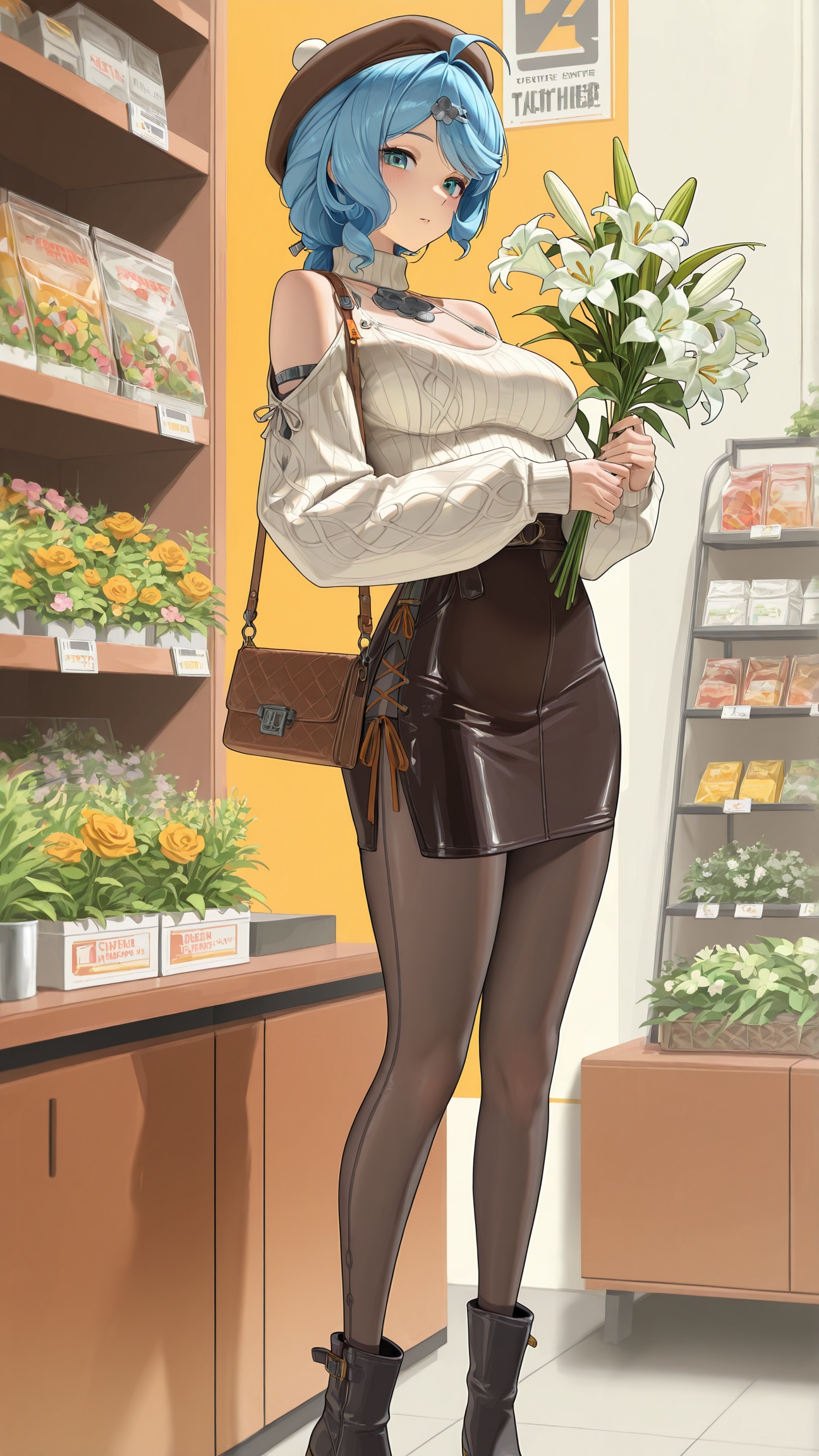 masterpiece,best quality,amazing quality,<lora:)-000017:0.8>,seed \(zenless zone zero\),hair ornament,1girl,blue eyes,ahoge,blue hair,<lora:20250808-1754650692631:0.8>,zhigan3d,1girl,solo,breasts,jewelry,looking at viewer,1girl,solo,warm_winter_style,cream_high_neck_sweater,ribbed_texture,brown_corduroy_midi_skirt,A-line_skirt,black_ankle_boots,thick_tights,woolen_beret,small_leather_handbag,holding_flower_bouquet,standing_at_flower_stand,flower_shop,fresh_roses,lilies (on shelf),green_leafy_plants,soft_store_light,daytime,floral_scent (implied),gentle_expression,