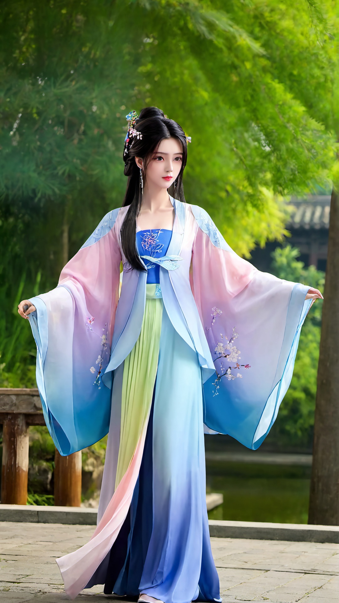 1girl,hand fan,solo,black hair,holding fan,hanfu,holding,chinese clothes,hair ornament,full body,standing,wide sleeves,outdoors,long sleeves,dress,looking at viewer,<lora:仙逆-王林-马良-李慕婉合一:0.73>,