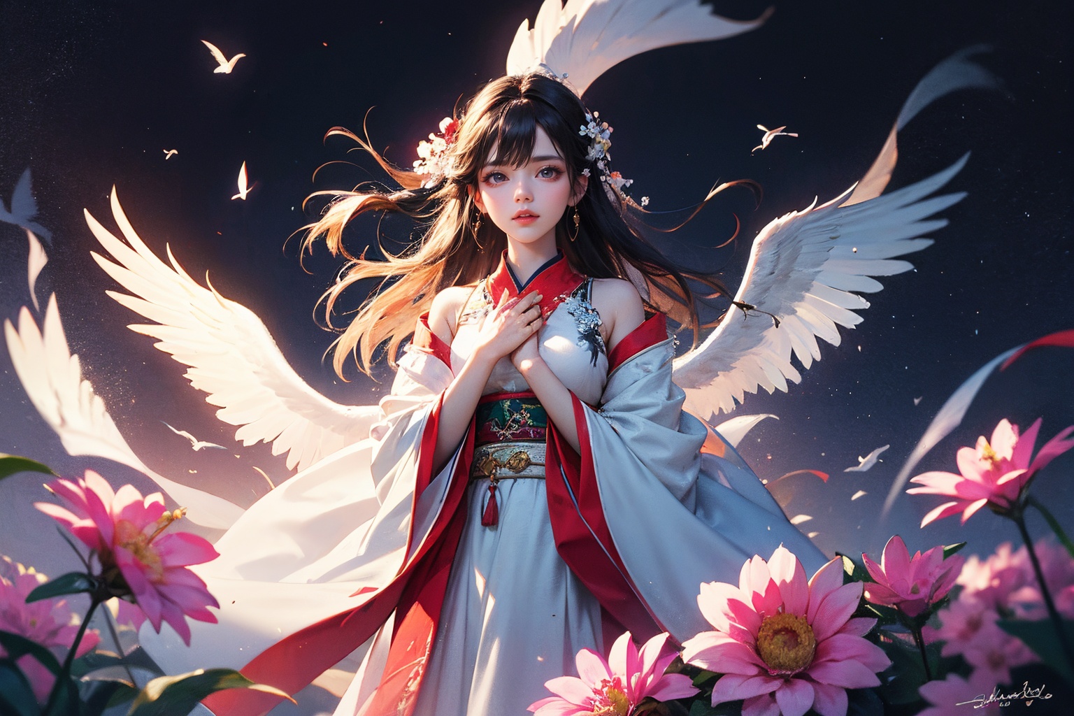 masterpiece,best quality,the milky way,fantasy,flowers meadows,floating island,magic world,dindal light,Ink painting,painting,ancient China,Hanfu,white gauze,landscape painting,meticulous painting,bird songs and floral fragrance,gentle and gentle,Black and white
