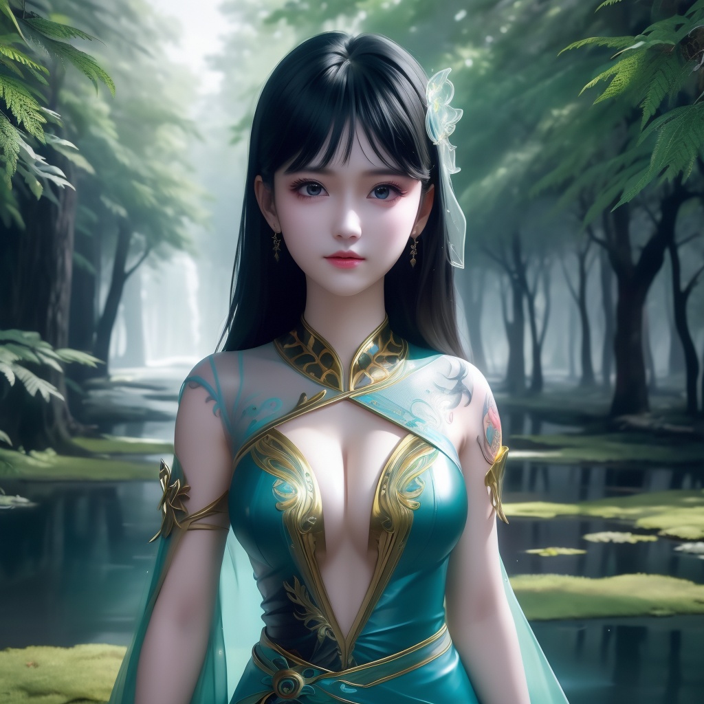 <lora:739-DA-斗破苍穹-慕青鸾:0.8>, (,1girl, ,best quality, ),looking at viewer,  ,ultra detailed background,ultra detailed background,ultra realistic 8k cg,(masterpiece:1.2),(best quality:1.2),(ultra detailed:1.2),(official art:1.3),(beauty and aesthetics:0.8),detailed,(intricate:0.8),(highly detailed),(solo),delicate countenance,1girl,fancy,(glassy texture:1.2),(crush:1.2),8k,accessory,tattoo,(transparent:1.1),gown,energy encirclement,instant,in the twinkling of an eye,upper body,woman in a mythical forest, masterpiece, perfect face, intricate details, horror theme, raw photo, photo unp(cleavage),,