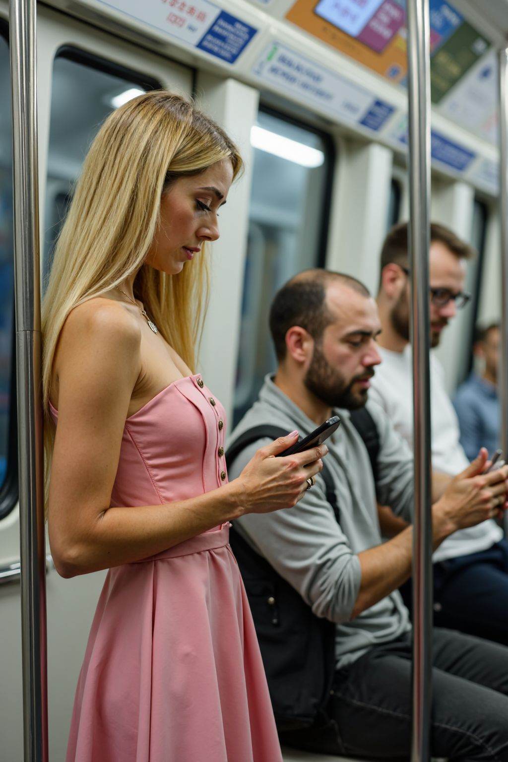 A photograph captures three young adults on a subway train. The woman with long blonde hair and fair skin, wears a strapless pink dress with a belt, holding a smartphone. Beside her, a bald man in a grey shirt and black pants looks at his phone, while a glasses-wearing man in a white shirt and black backpack sits behind them. The train's interior is modern, with metallic handrails and digital advertisements.