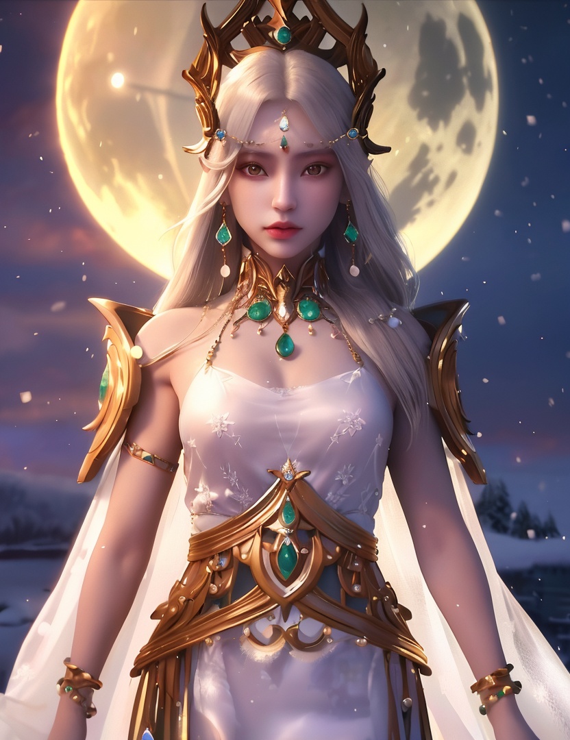 <lora:523-DA-神印王座-光明女神:0.8>(,1girl, ,best quality, ),looking at viewer,  ultra realistic 8k cg, picture-perfect face,   clean, masterpiece,     cinematic lighting, cinematic bloom, fantasy,  , unreal, science fiction, ((,1girl, pov,))(((,tree, 1girl, full moon,snowing,snow ,solo,     solo focus,  long_hair, looking_at_viewer,  )))  (rich:1.4,)     prestige, luxury, jewelry, diamond, gold, pearl, gem, sapphire, ruby, emerald, intricate detail, delicate pattern, charming, alluring, seductive, erotic, enchanting, hair ornament, necklace, earrings, bracelet, ,