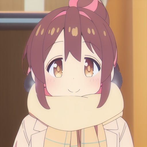 solo,smile,scarf,1girl,brown scarf,brown eyes,ahoge,blush,hair between eyes,closed mouth,bangs,upper body,jacket,white jacket,indoors,blurry background,looking at viewer,plaid scarf,blurry,fringe trim,<lora:budangge:1>,