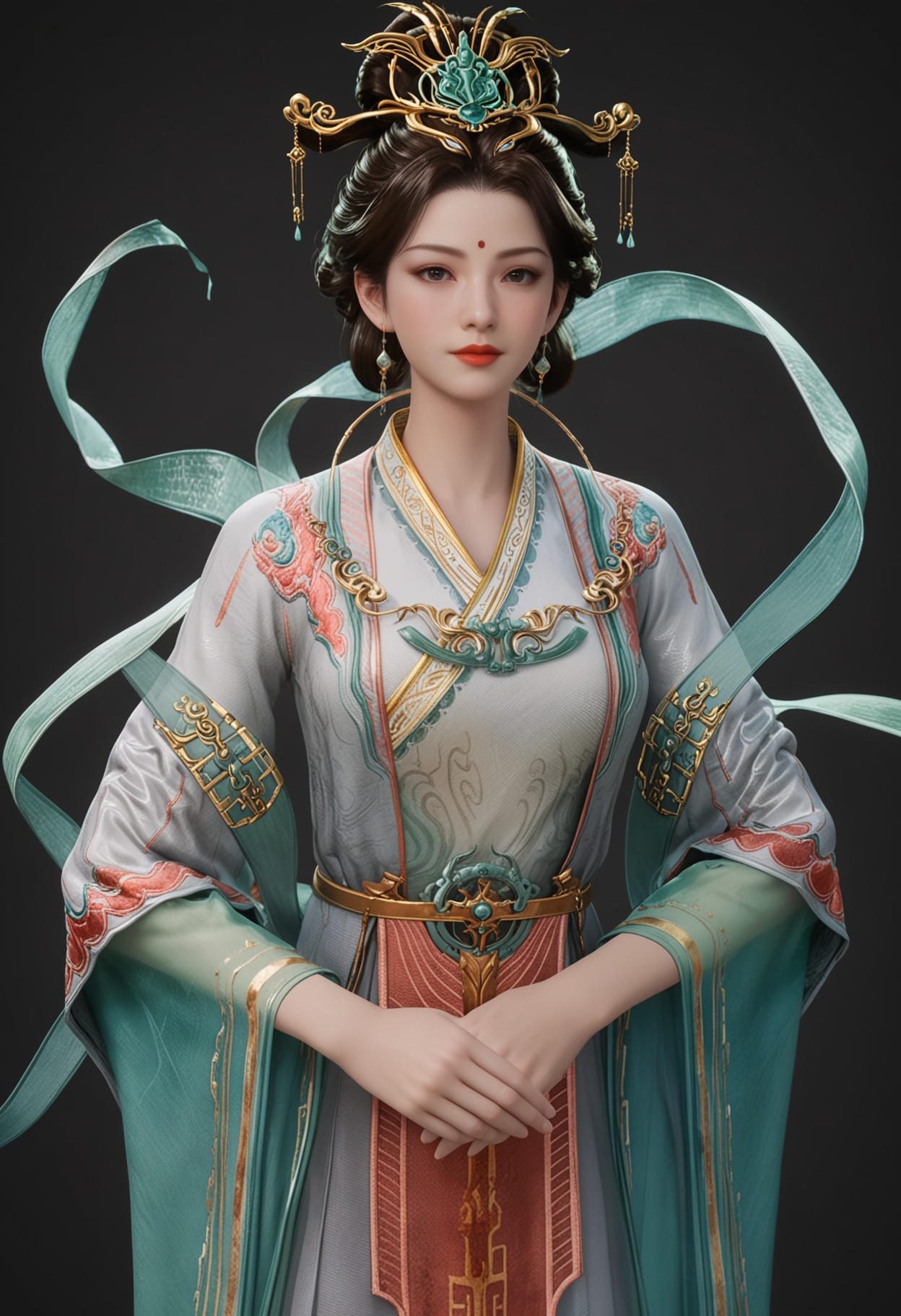 (standing full_body:1.1),score_9,score_8_up,masterpiece,(best quality),intricate details,facing viewer,(looking at viewer:1.1),<lora:YQ_pony_xiwangmu_budaibeishi_V5:0.8>,q1528437228,1girl,solo,jewelry,earrings,hair ornament,black hair,chinese clothes,forehead mark,red lips,long sleeves,makeup,dress,hanfu,hair bun,updo,brown hair,black eyes,wide sleeves,brown eyes,hair stick,shawl,necklace,hair rings,forehead jewel,single hair bun,hagoromo,BREAKscore_9,score_8_up,masterpiece,(best quality),perfect anatomy,(hourglass),perfect face,(simple background,pure black background,black background:1.1),fair_skin,shiny_skin,Ivory_skin,