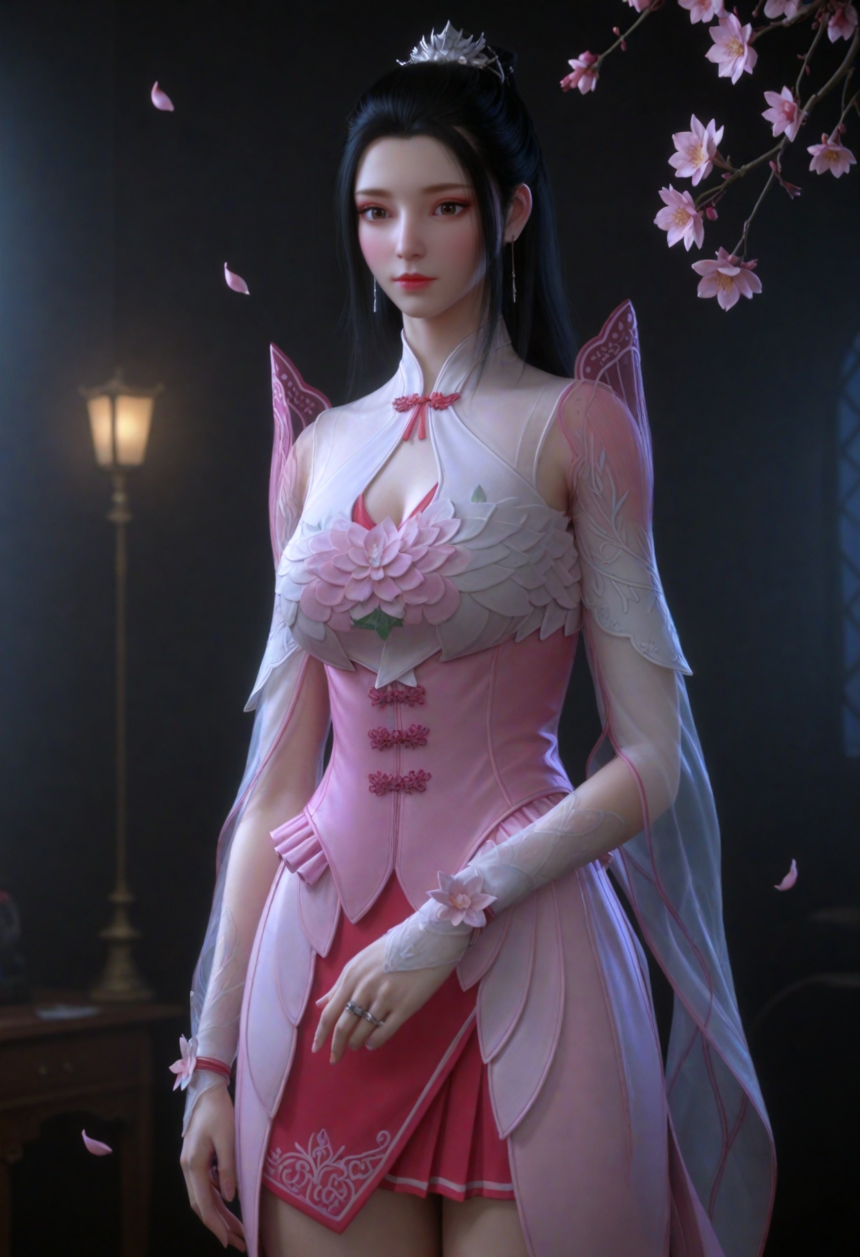 (cowboy shot:1.2),(gigantic breasts:0.6),(slender:1.3),(looking_at_viewer:1.1),(masterpiece:1.1),(best quality:1.2),(intricate details),dim lighting,(smog:1.3),(Dark room:1.3),(dim lighting:1.3),peach blossom,falling petals,<lora:YQ_li光辉v5_薰儿粉衣_V1:0.8>,1girl,q1528437228,solo,black_hair,long_hair,dress,hair_ornament,pink_dress,ponytail,jewelry,hair_bun,earrings,see-through_sleeves,see-through,single_hair_bun,long_sleeves,skirt,brown_eyes,corset,flower,ring,white_dress,realistic,thighhighs,cleavage_cutout,masterpiece,(best quality),(intricate details:0.9) BREAK masterpiece,(best quality),(intricate details:0.9),(realistic skin:1.2),