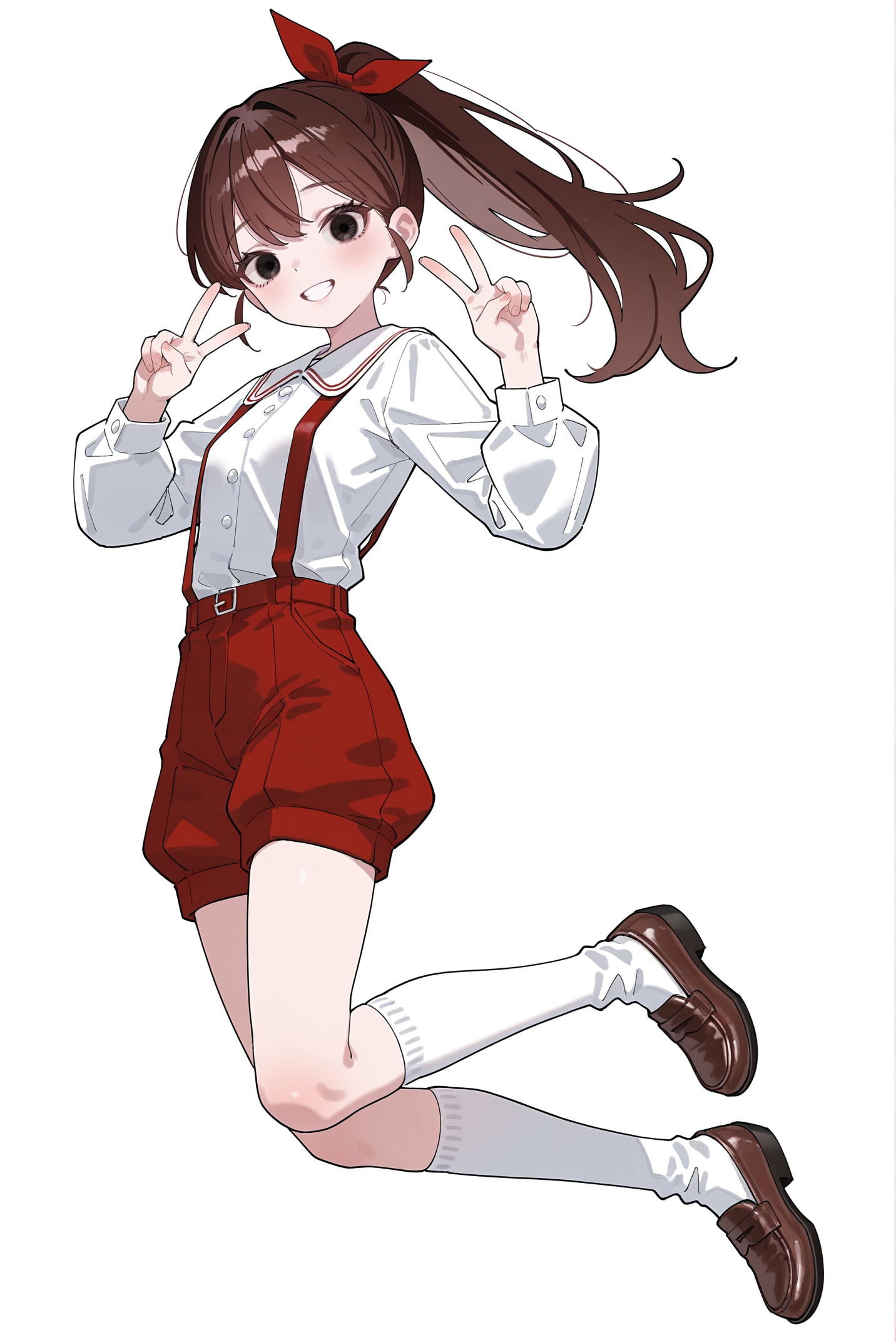 8k,best quality,masterpiece,(ultra-detailed),(high detailed skin),(year 2024:0.8),flat color,artist:maidforge,artist:aqua inc.,artist:edoya inuhachi,artist:reoen,artist:fuzichoco,white background,simple background,petite,skinny,solo,looking_at_viewer,panorama,full_shot,dashed_eyes,jumping,double_v,happy,<lora:ruirui-ill-Tanger:0.8>,ruirui,clothes: ruirui red bib pants with white shirt,1girl,brown hair,shorts,brown footwear,white shirt,long hair,suspenders,black eyes,white kneehighs puffy socks,ponytail,