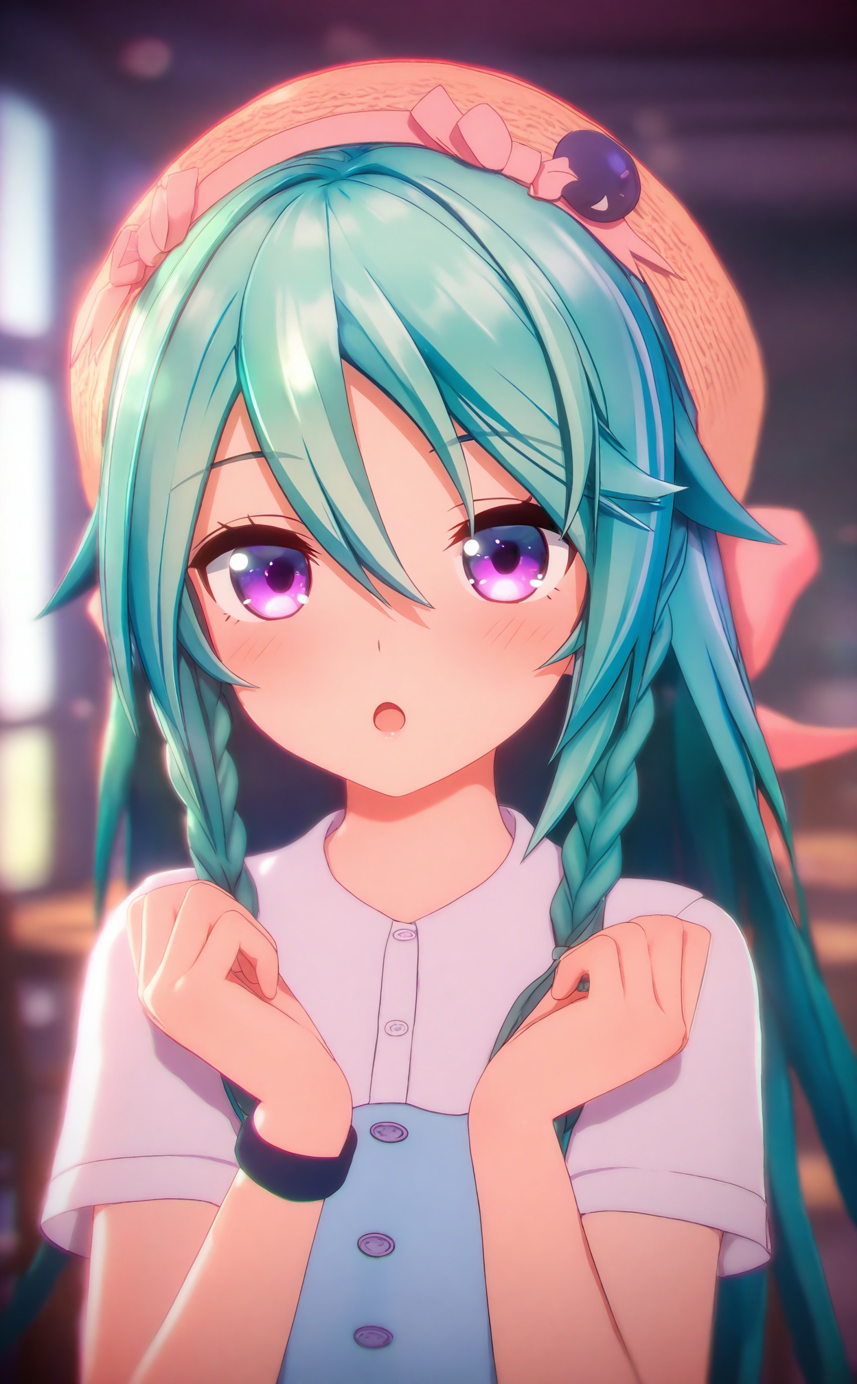 masterpiece,absurdres,best quality,loli,petite,high quality,chromatic_aberration,//,1girl, solo, braid, twin_braids, purple_eyes, long_hair, open_mouth, shirt, short_sleeves, looking_at_viewer, wristband, blue_shirt, blurry_background, blurry, green_hair, hands_up, :o, collared_shirt, upper_body, blush, hair_between_eyes, head_scarf, chair, indoors, aqua_hair, depth_of_field, hat, bow, multicolored_hair, hair_over_shoulder, hair_bow, white_shirt, buttons, pink_hair, pink_bow, hair_ribbon, ribbon//,Depth of field,(colorful),hdr,Tyndall effect,depth of field,Tyndall Effect,blurry,blurry_background,depth_of_field,bokeh,glowing,//,<lora:MMDguangwuran2——【noob】hans:1>,