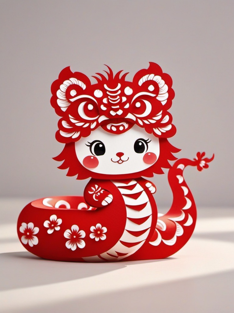 jianzhishe, paper cutting,It's a vibrant, red, intricately carved paper-cut depicting a cute snake. The animal sports large, expressive eyes, rosy cheeks and a delicate mane with floral patterns. It is chilling on a simple light grey background, with soft shadows adding depth. This style combines traditional Chinese art with modern digital design.,<lora:jianzhishe_v1:0.8>