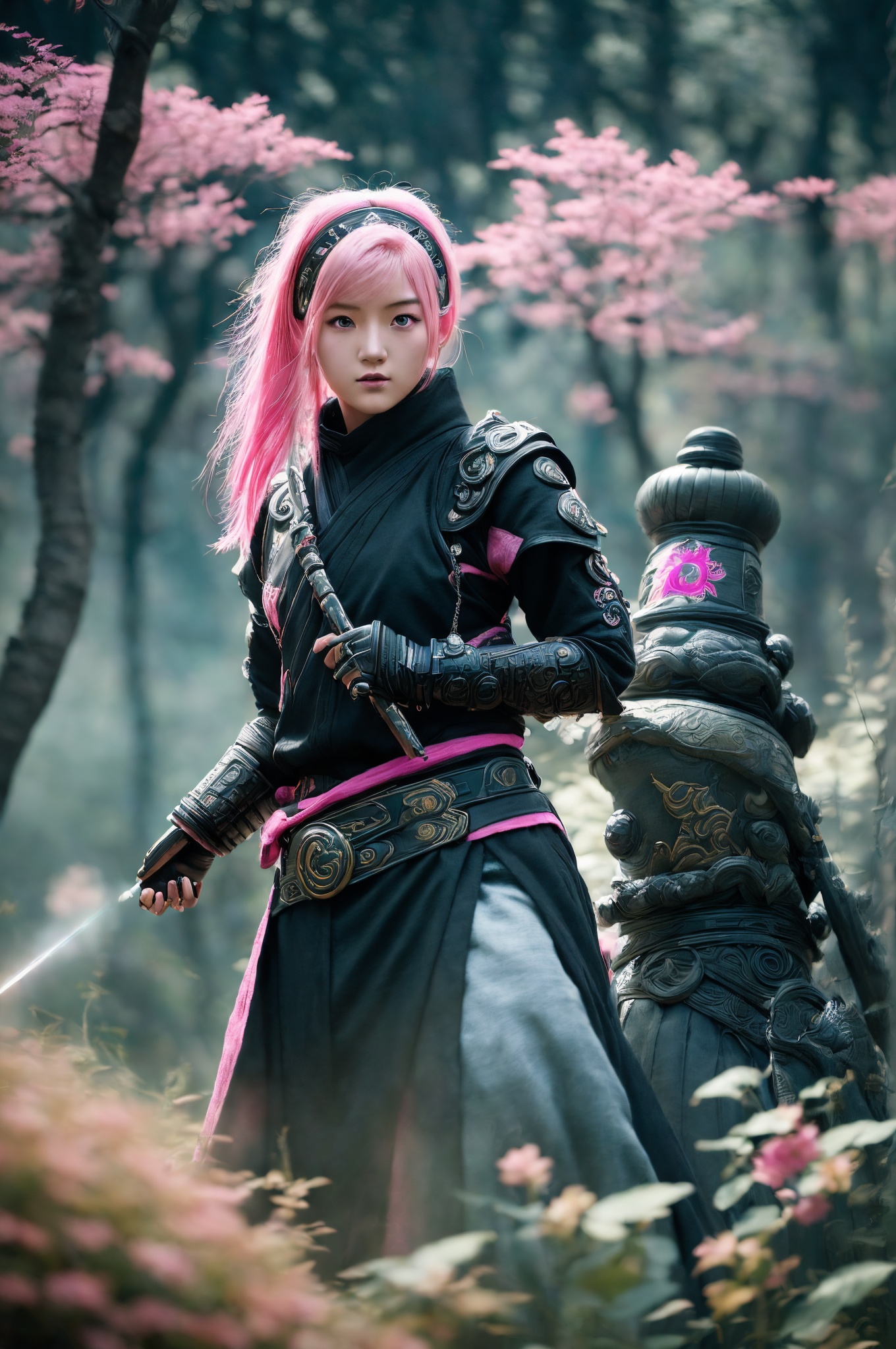 (masterpiece, top quality, best quality, official art, beautiful and aesthetic:1.2) ,cover art, rpg concept art, intricate details, Flickr, dslr, Dota style, matte, Heavenly [Prussian:Tibetan:10] (Female Naruto-style ninja:1.2) , Pink hair, octane engine, sunbeam, ultra high res, Mannerism Art, 64K, extremely detailed CG Unity 8k wallpaper