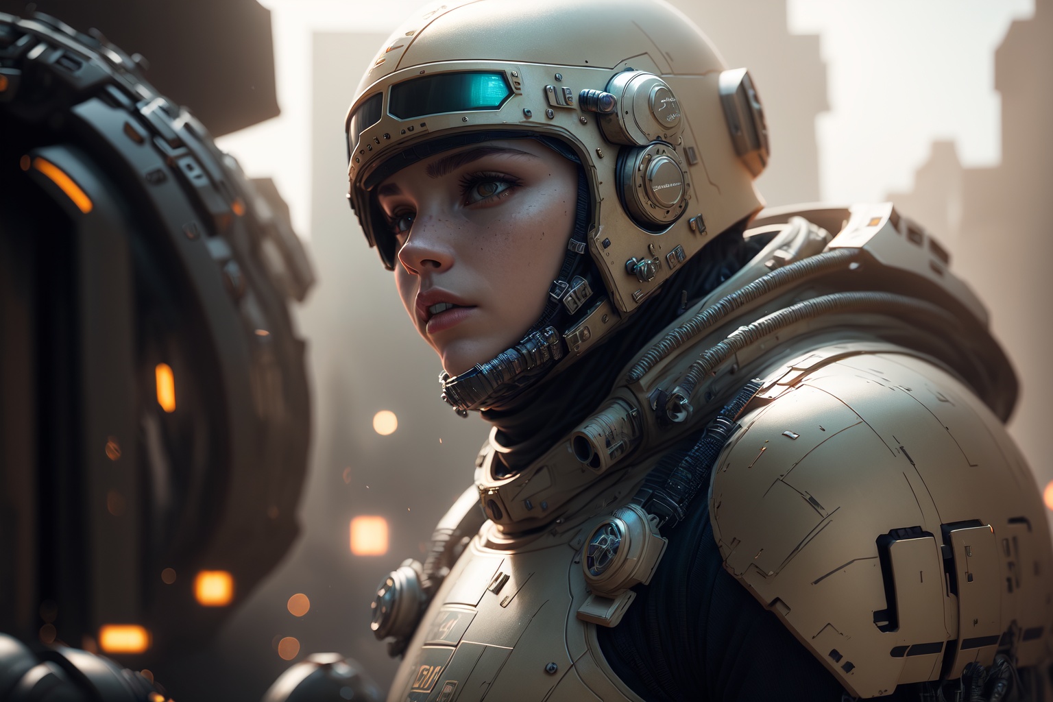 1 white sci-fi female armor with (cybernetic helmet), full armor, insulated armor, spacesuit, bald head, lots of fine detail, sci-fi movie style, outdoor photo, photography, natural light, photorealism, cinematic rendering, ray tracing, the highest quality, the highest detail, Cinematic, Third-Person View, Blur Effect, Long Exposure, 8K, Ultra-HD, Natural Lighting, Moody Lighting, Cinematic Lighting <hypernet:sxzBloom_sxzBloom:0.7>