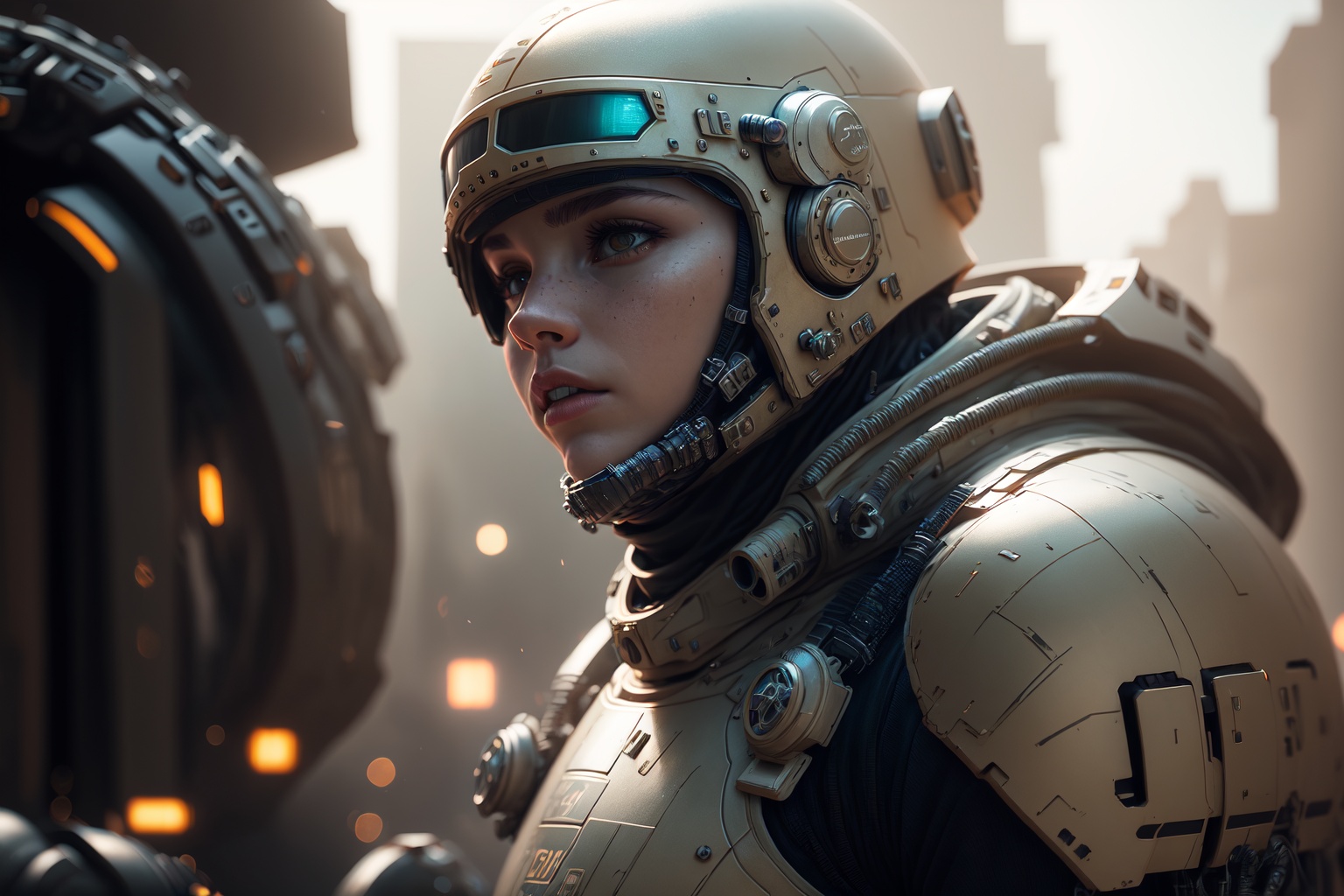 1 white sci-fi female armor with (cybernetic helmet), full armor, insulated armor, spacesuit, bald head, lots of fine detail, sci-fi movie style, outdoor photo, photography, natural light, photorealism, cinematic rendering, ray tracing, the highest quality, the highest detail, Cinematic, Third-Person View, Blur Effect, Long Exposure, 8K, Ultra-HD, Natural Lighting, Moody Lighting, Cinematic Lighting <hypernet:sxzBloom_sxzBloom:0.7>