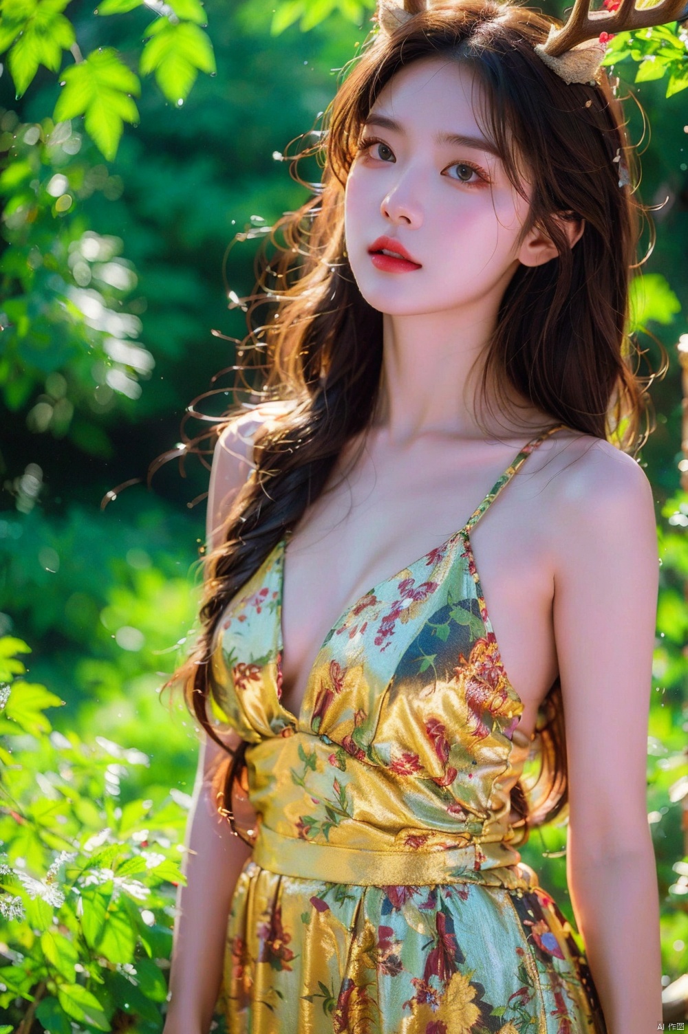 The highest quality of realism, pure face,Deer, girl, antlers, vine with leaves, Blonde hair, European and American advanced face, , Detailed light and shadow, Wind, ,Two plaits, The forest,,full_body,naked,, 1girl, 1 girl,金发<lora:EMS-351204-EMS:0.400000>, <lora:EMS-171768-EMS:0.500000>, <lora:EMS-267525-EMS:0.500000>