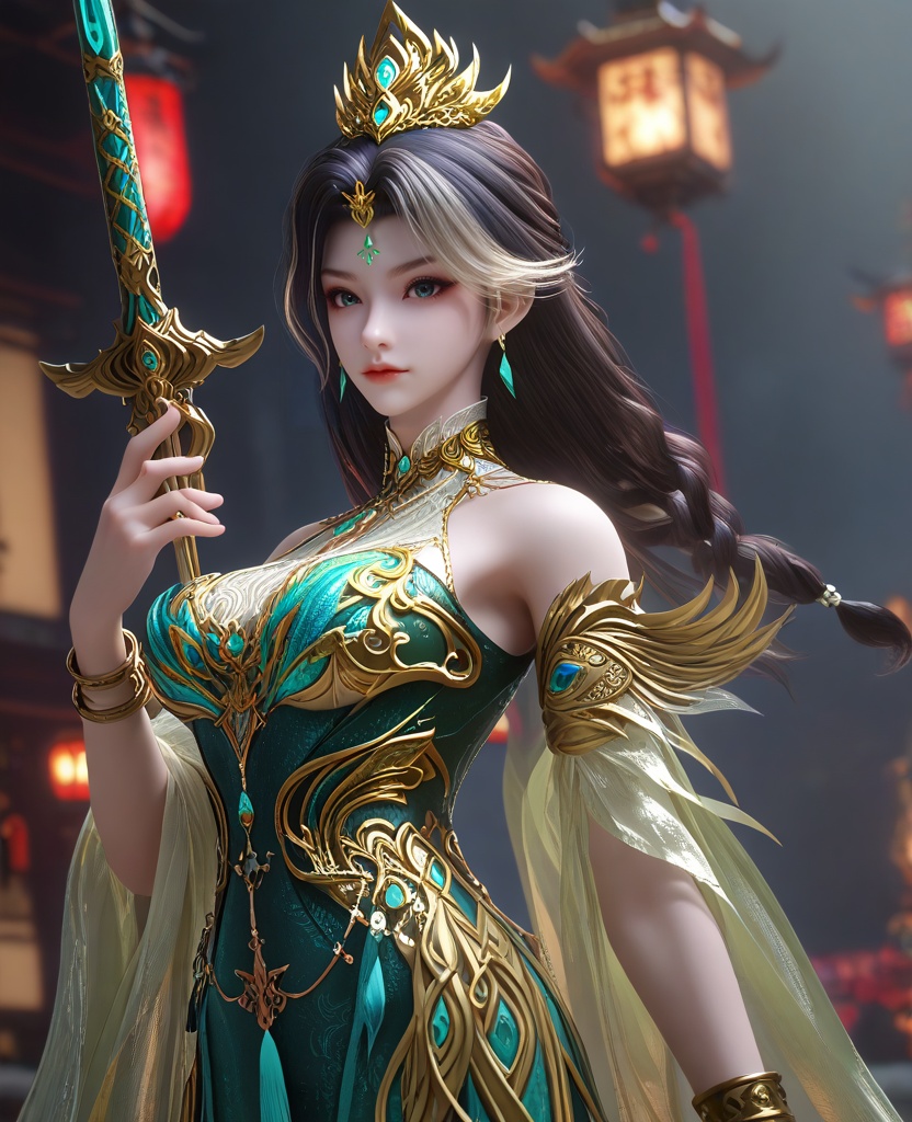 (holding weapon:1.1),looking at viewer,(large breasts:1.2),<lora:XL16云深不知梦燕倾霏典仪司:0.95>,miss yanqingfei,green tiered gown,forehead jewel,black hair,white streaked hair,long hair,half-up braid with long cascading hair,hair ornament,earrings,jewelry,armlet,bracelet,collar,wide flowing sleeves,, score_9,score_8_up,score_7_up,score_6_up,score_5_up,score_4_up,3d rendering,tag1,tag2, Cinematic Lighting,backlighting,