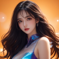 rich colors,(upper body:1.2),high gloss,extremely beautiful skin,natural skin texture,(pale skin, real_skin),(Milky skin:1.2),(shiny skin:1.4),orange background,cinematic light,fantasy,highres,highest quallity,eyes with light,model pose,Stiletto Boots,professional lighting,large aperturing,atmosphere,candid shots,neon lighting,hologram dress with blue and purple fabric,transparent/translucent medium,photorealistic,(1girl:1.7),(20yo:1.5),