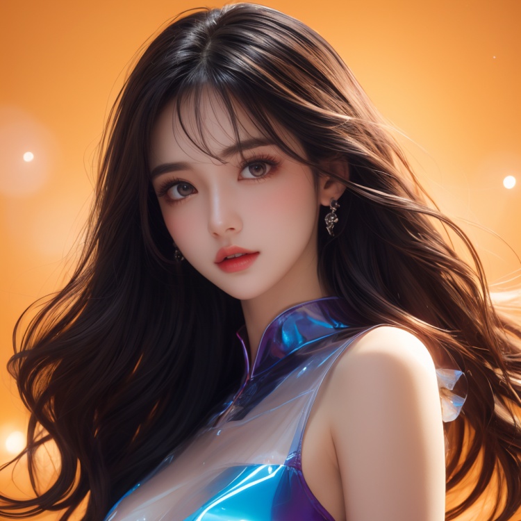 rich colors,(upper body:1.2),high gloss,extremely beautiful skin,natural skin texture,(pale skin, real_skin),(Milky skin:1.2),(shiny skin:1.4),orange background,cinematic light,fantasy,highres,highest quallity,eyes with light,model pose,Stiletto Boots,professional lighting,large aperturing,atmosphere,candid shots,neon lighting,hologram dress with blue and purple fabric,transparent/translucent medium,photorealistic,(1girl:1.7),(20yo:1.5),