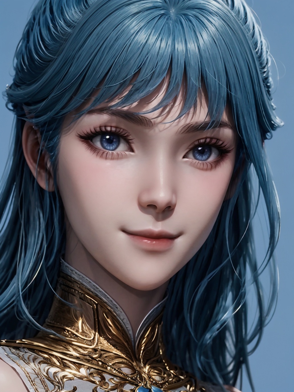 1girl,solo,(closed mouth:1.3),light smile,blue hair,looking at viewer,close-up,blue background,<lora:lora:0.9>,wangdong,