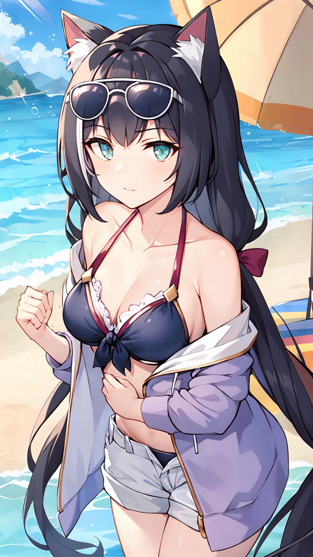 a girl,portrait plus chest,<lora:jmai_20240614120426-000007:0.7>,outdoors,beach,sunglasses,