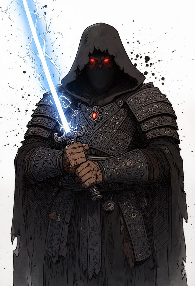 EvGnStyle,  a high-detail TTRPG illustration of a menacing Sith Lord,  wearing tattered black robes and intricate dark pla...