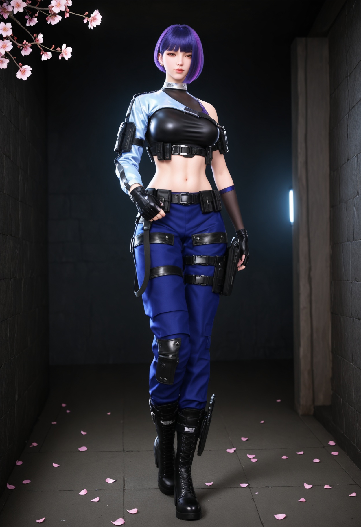 (full_body:1.2),(gigantic breasts:0.6),Perky boobs,(looking at viewer:1.1),facing viewer,direct gaze,(masterpiece:1.1),(best quality:1.2),(intricate details),(smog:1.3),(Dark room:1.3),(dim lighting:1.3),peach blossom,falling petals,<lora:YQ_Illustrious光辉v5_雨墨_V1:0.8>,1girl,q1528437228,solo,short hair,purple hair,crop top,gloves,pants,belt,boots,holster,blunt bangs,police uniform,multicolored hair,jewelry,earrings,belt pouch,brown eyes,knee pads,thigh holster,masterpiece,(best quality),(intricate details:0.9) BREAK (intricate details:0.9),(realistic skin:1.2),masterpiece,best quality,newest,absurdres,hiahres,