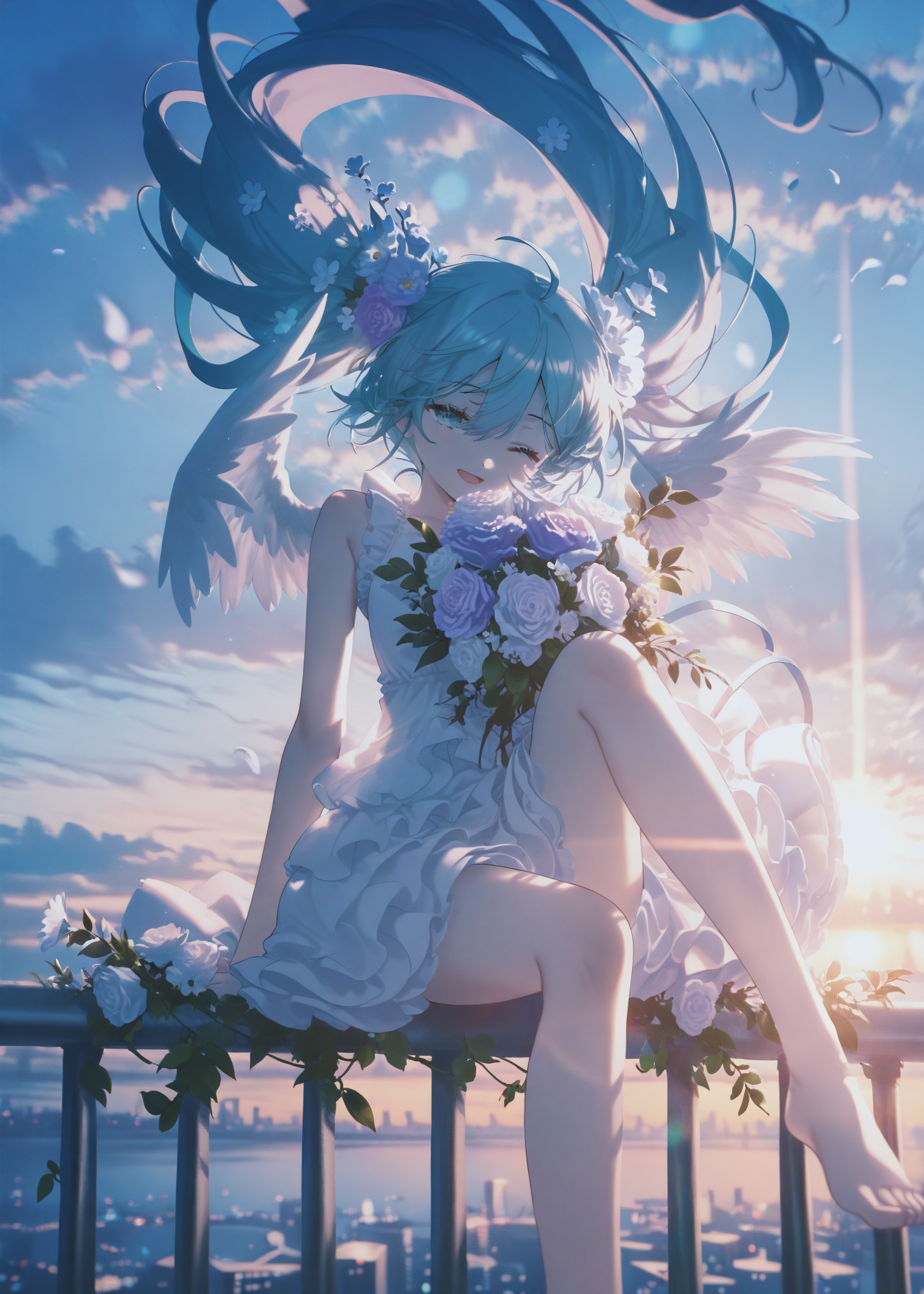 masterpiece,absurdres,best quality,petite,high quality,//,1girl, bouquet, solo, on railing, dress, hatsune miku, flower, wings, holding bouquet, long hair, sky, railing, white dress, one eye closed, cloud, floating hair, very long hair, white flower, outdoors, backlighting, sitting, sleeveless, barefoot, purple flower, holding, angel wings, twintails, sleeveless dress, blue hair, bare arms, white wings, feathered wings, white rose, blue theme, hair flower, cityscape, foot out of frame, rose, cloudy sky, horizon, hair ornament, sunrise, smile, blue eyes, blue sky, purple rose, open mouth, bare shoulders, ocean, city, plant, knee up, wind, frills, sunlight, frilled dress, blurry, arm support, building, bare legs, dawn, aqua eyes, looking at viewer, blue flower, sunset, ahoge, aqua hair, leaf, depth of field, layered dress, lens flare//,<lora:konya_karasue2——【CKXL】hans:0.85>,