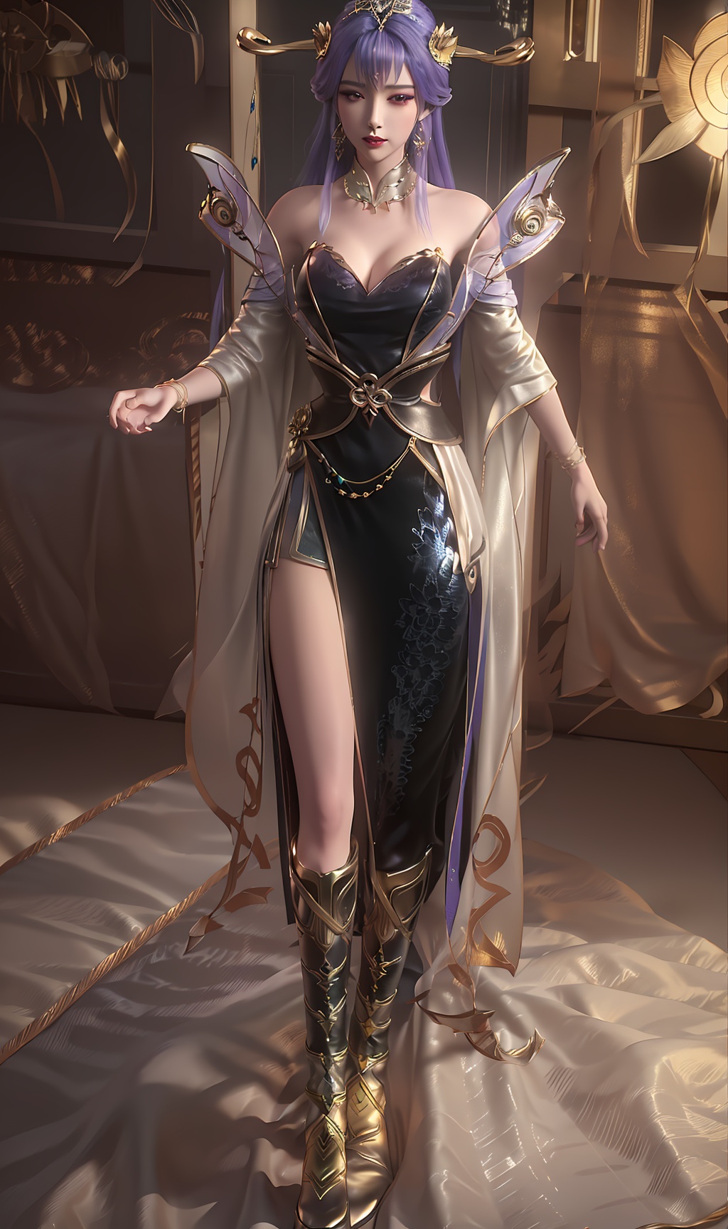 3D,masterpiece,(best quality),(makeup),official art, extremely detailed cg 8k wallpaper,((crystalstexture skin)), (extremely delicate and beautiful),(highly detailed),(face),(1girl), (solo), (jewelry), (earrings),(purple_hair),(long_hair),(hair_ornament),(handwear),(breasts),(standing),(collar),(headgear),(tassel),(long_sleeved),(detached_sleeves,(facial_mark),(bangs),(bracelet),,((tiara)),(hairpin),((crown)),,((full_body,whole_body)),(dress),,(multicolored_clothes),(multicolored_dress:1.000),(closed_mouth),(traditional_clothes:1.000),((long_dress,long_skirt)),,(gown),(shiny_clothes),(closed_mouth),(sunshine, indoor),((looking_at_viewer)),((Facing the camera)), (long_legs),(armored_boots), (knee_boots),, <lora:hipoly3DModelLora_v10:0.3>