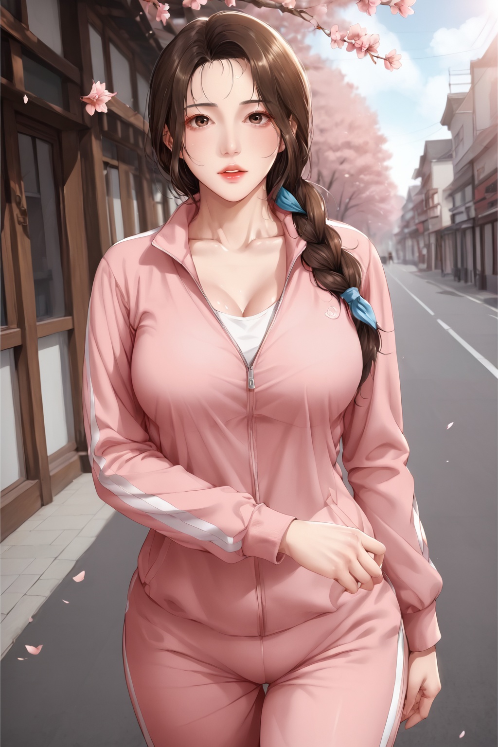 safe_pos,score_9,score_8_up,score_7_up,yuanshen,1girl,breasts,solo,brown hair,brown eyes,parted lips,mature female,very long hair,collarbone,(tracksuit:1.5),looking at viewer,cowboy shot,nice hands,<lora:pony寄宿日记-张美静:0.8>,(highres, high quality:1.3),intricate details,sharp focus,depth of field,outdoors,sunlight,peach blossom,soft focus,bright skin,Holy lighting,white skin,mature female,overexposure,dynamic pose,dynamic angle,<lora:add-detail-xl:0.5>,mature female,curvy,shiny skin,oiled skin,Expressiveh,