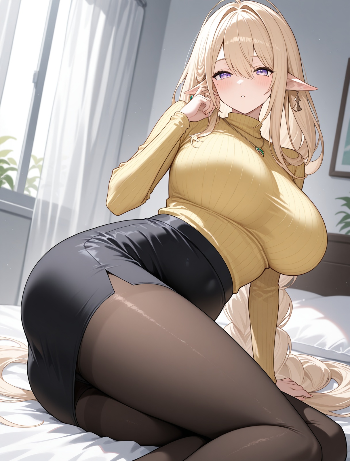 <lora:gouden_leeuw_IL_v1.0:1>,gouden leeuw,yellow turtleneck,pencil skirt,pantyhose,, masterpiece,best quality,