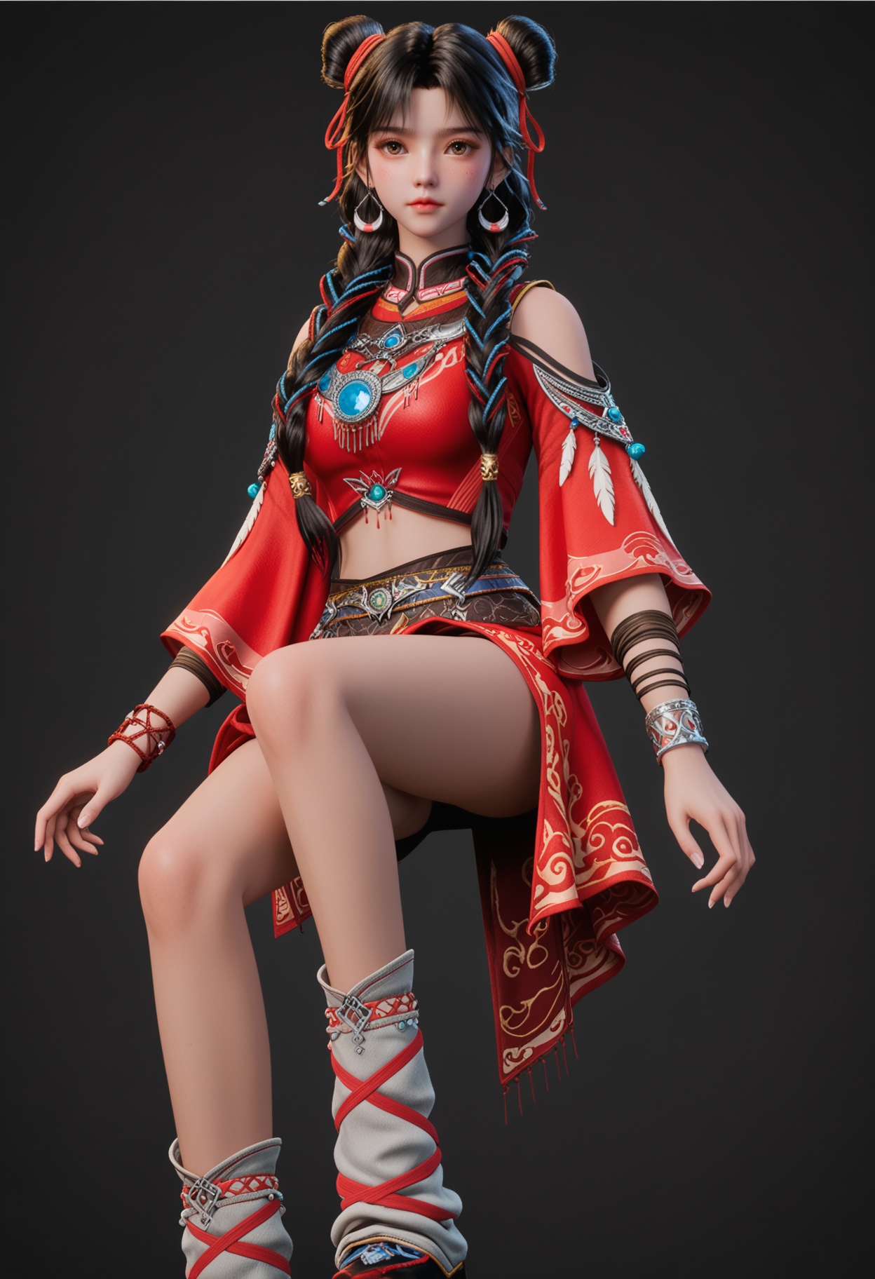 (cowboy shot:1.2),score_9,score_8_up,masterpiece,(best quality),intricate details,facing viewer,(looking at viewer:1.1),<lora:YQ_pony_bailuoheng_V4:0.8>,q1528437228,solo,1girl,jewelry,black hair,long hair,earrings,hair bun,braid,ribbon,hair ribbon,twin braids,double bun,brown eyes,chinese clothes,multiple braids,bracelet,crop top,skirt,multicolored hair,feathers,dress,red ribbon,red skirt,single hair bun,red dress,hair over shoulder,leg warmers,socks,shirt,brown hair,red shirt,necklace,freckles,shoes,long sleeves,detached sleeves,hair ornament,china dress,black eyes,multi-tied hair,wide sleeves,ribbon braid,black footwear,BREAKscore_9,score_8_up,masterpiece,(best quality),perfect anatomy,(hourglass),perfect face,(simple background,pure black background,black background:1.1),fair_skin,shiny_skin,Ivory_skin,