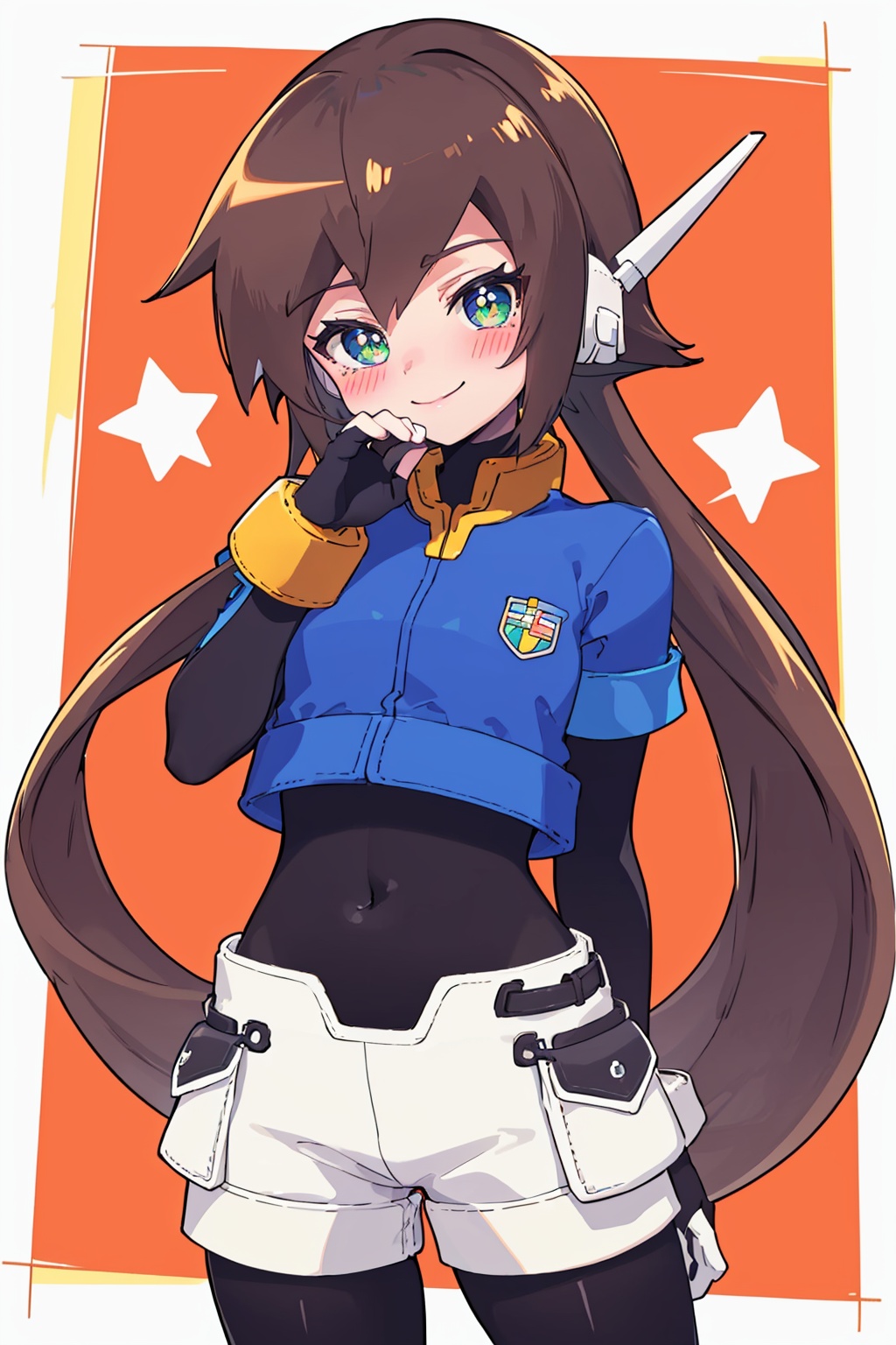 masterpiece,best quality, highly detailed, 1girl,aile (mega man zx),legwear under shorts,short over long sleeves,shorts,solo,spandex,bodysuit,gloves,looking at viewer,smile,blush,skin tight,<lora:aile_(mega_man_zx):1>