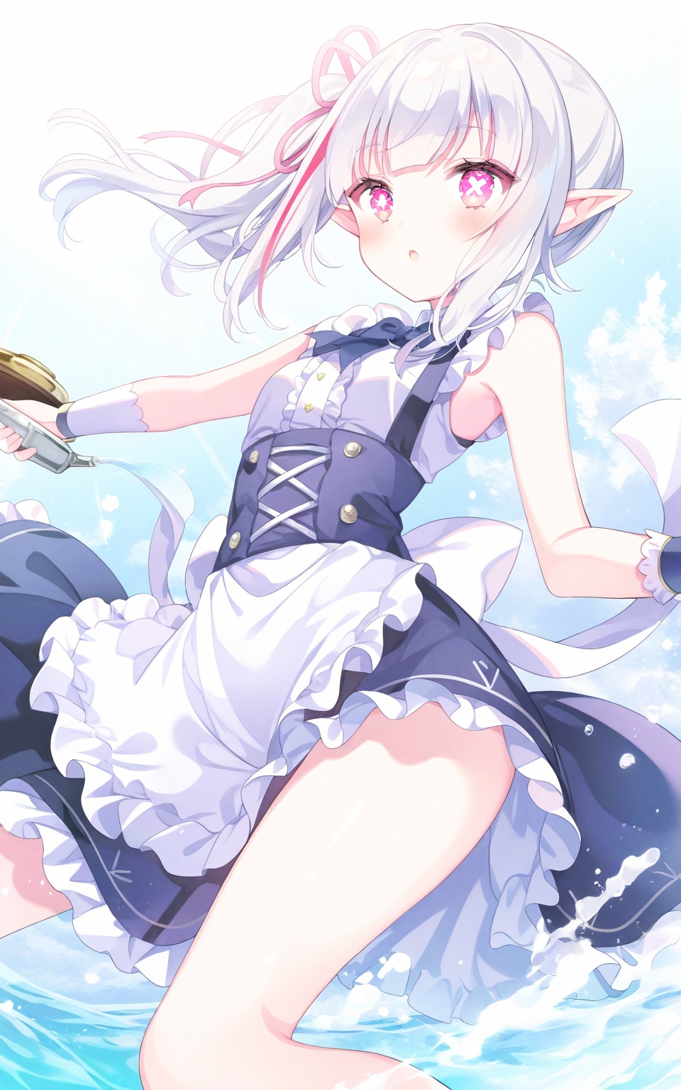 O,Noyu,Torino,0,Spring couplets,red envelopes,1girl,solo,bishoujo,elf,white_skin,shiny_skin,fair_skin,oil,slender,white hair,silver hair,streaked hair,ponytail,Side ponytail,short ponytail,elf ears,pointy_ears,pink eyes,pink eyeshadow,glowing_eye,water_eyes,x-shaped_pupils,bare shoulders,narrow_waist,magical_girl,school_uniform,sailor,maid,overalls,