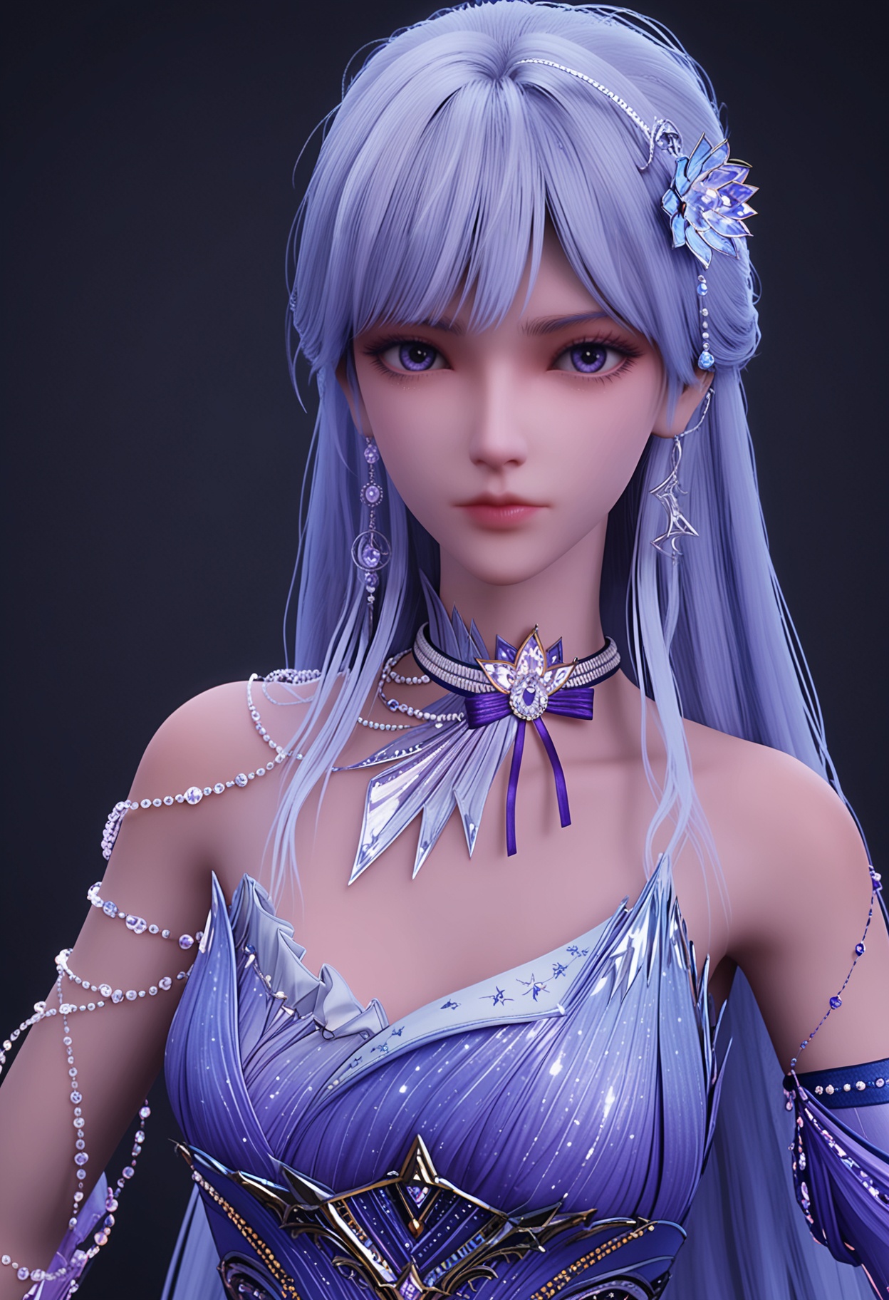 (upper_body:1.2),(looking at viewer:1.1),facing viewer,direct gaze,<lora:YQ_pony_shengcaier_fuzhuang6_V4:0.8>,q1528437228,1girl,solo,long hair,jewelry,hair ornament,earrings,dress,purple eyes,white hair,choker,high heels,necklace,blue hair,blue eyes,purple hair,BREAK simple background,pure black background,black background,perfect anatomy,