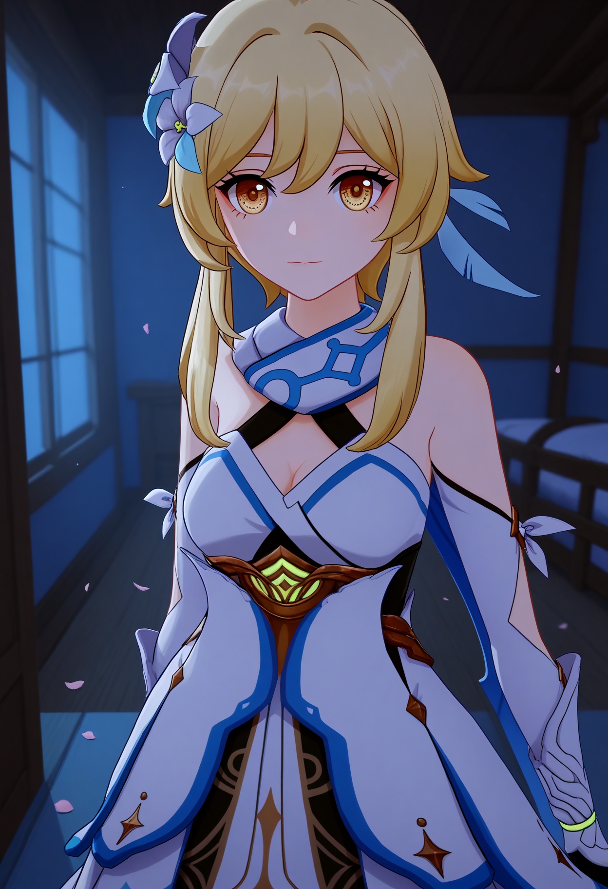 (upper_body:1.2),looking at viewer:1.1,masterpiece,(best quality),(mutated_hands:-1.2),(bad hands:-1.2),smog,Dark room,dim lighting,peach blossom,falling petals,<lora:YQ_Illustrious光辉二次元v1_荧_V1:0.8>,q1528437228,1girl,solo,lumine (genshin impact),blonde hair,hair ornament,dress,hair flower,white dress,short hair with long locks,detached sleeves,yellow eyes,scarf,sidelocks,feather hair ornament,gloves,white thighhighs,boots,