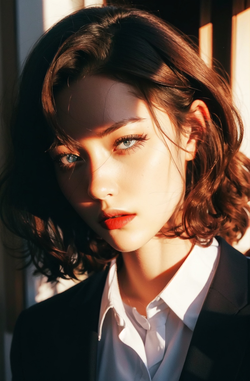 masterpiece,best quality,absurdres,european,1girl,solo,brown hair,realistic,parted lips,long hair,collared shirt,portrait,medium breasts,shadow,blue eyes,looking at viewer,night,wavy hair,(dark:1.2),lipstick,red lips,makeup,short hair,window blinds,white shirt,night,suit,Sharpen,from side, against wall, 