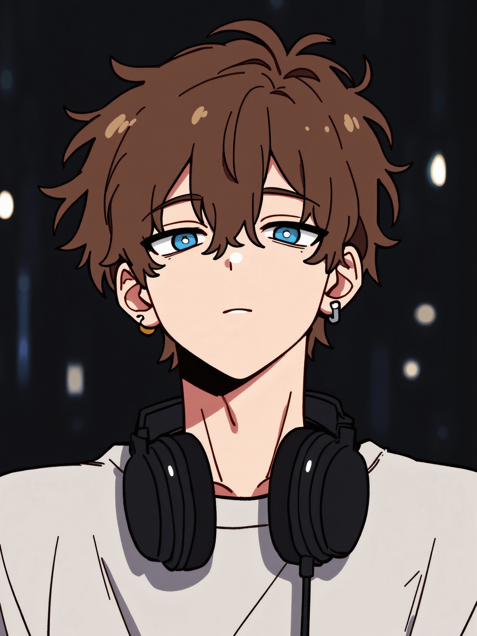 <lora:动漫头122:0.8>,anime style,rain,a young male with brown hair and blue eyes. He has short hair that is slightly disheveled but looks stylish. His eyes appear deep and contemplative. He seems to be in his teens or early twenties,with a medium build,wearing a white top and a pair of black over-ear headphones around his neck. Overall,his expression is somewhat serious,giving him an introverted vibe. The background is blurred,but it can be seen that there are some dark-toned elements,possibly indoor lighting or other objects.,