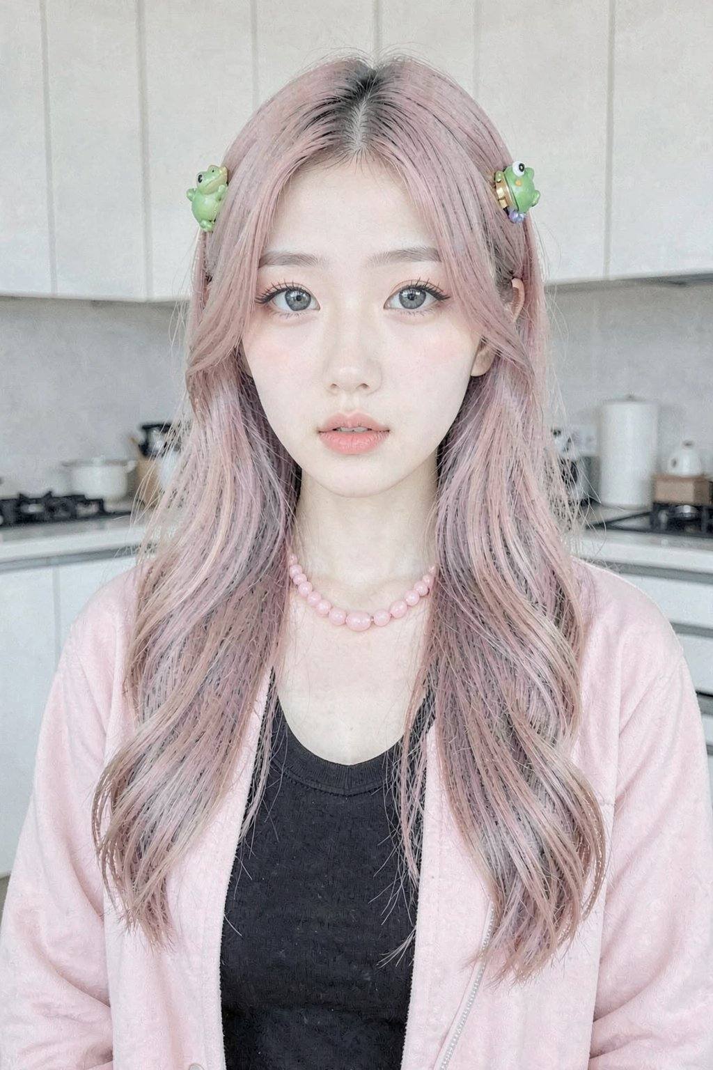 This is a photograph of a young Asian woman with fair skin and long, wavy, pastel pink hair. She has large, expressive blue eyes, and her lips are slightly parted. She wears a black top under a light pink jacket, and a pink bead necklace. Her hair is adorned with colorful hair clips, including a green frog. The background shows a modern, minimalist kitchen with white cabinets and a stove. The overall mood is casual and cute.